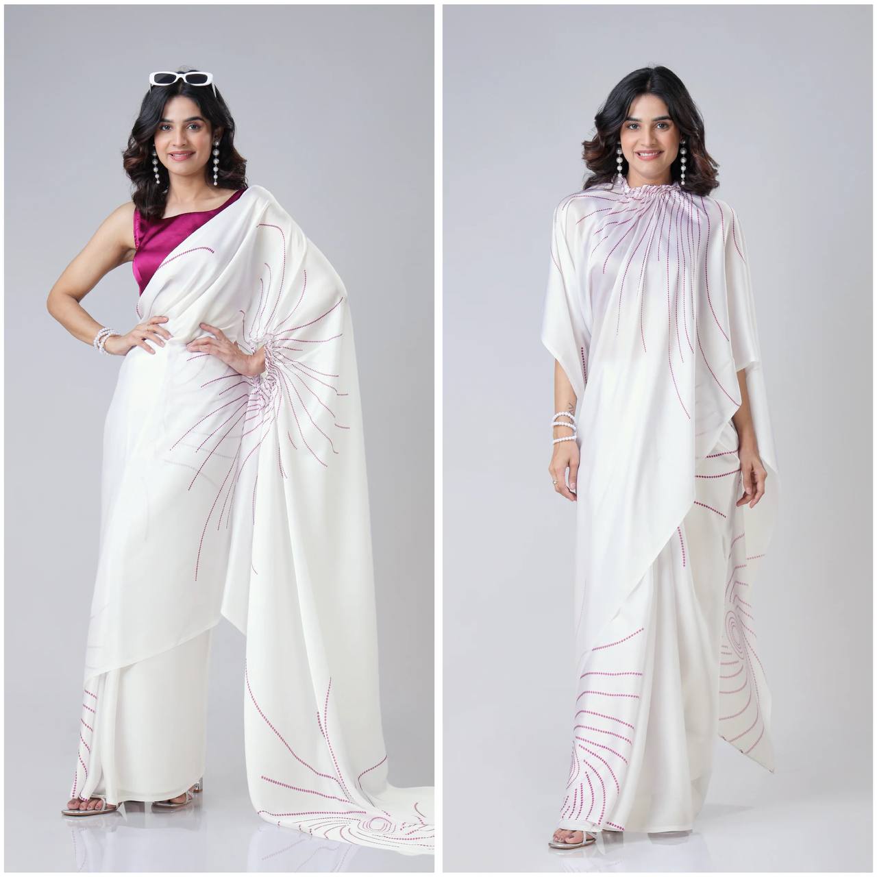 New One Minute Ready To Wear  Heavy Crepe Silk  Free Hand Saree With  Digital Print With Running Crepe Silk Unstiched Blouse Piece - White