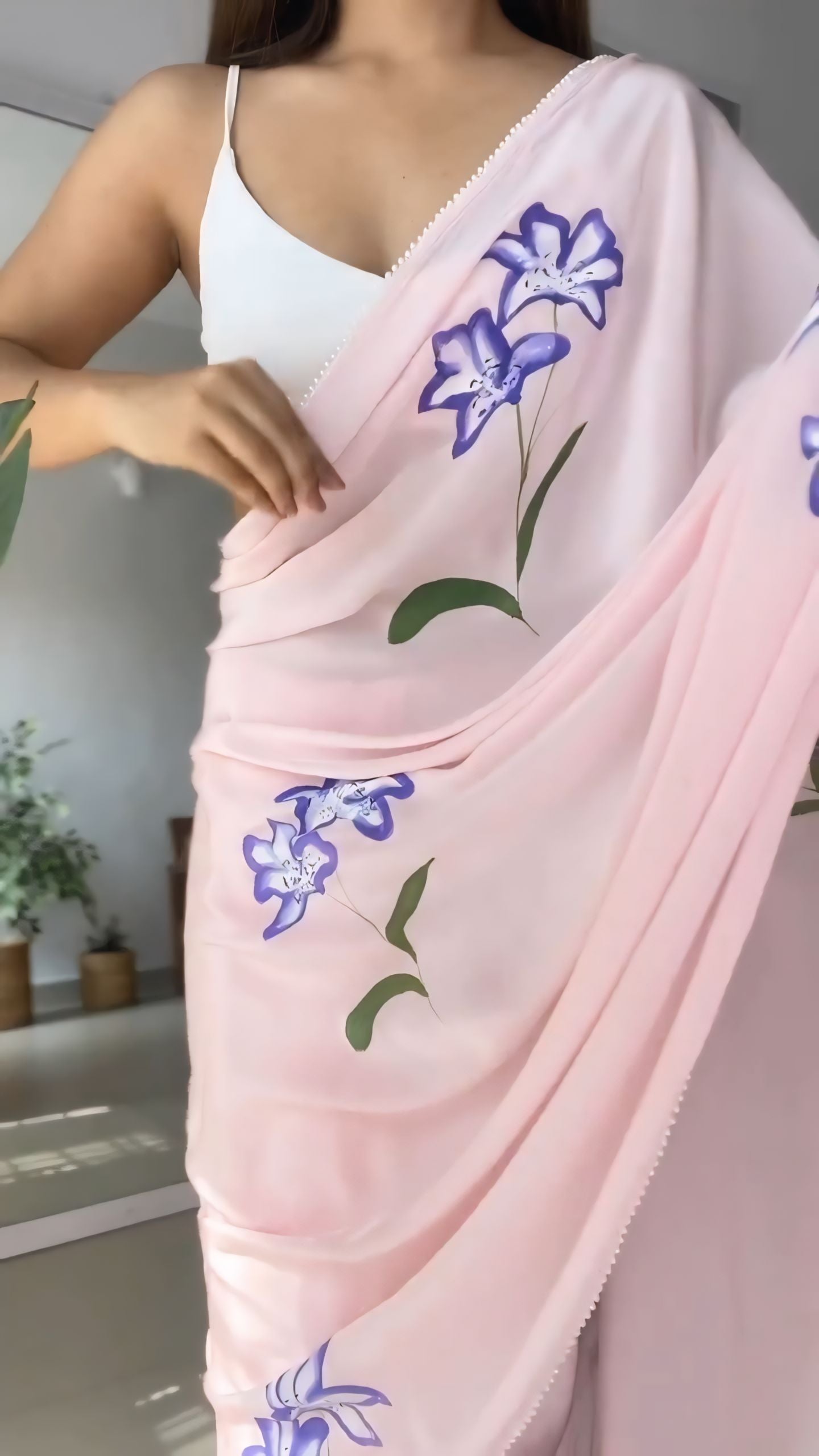 New One Minute Ready To Wear Pure Soft Georgette Silk Flower Designed Pink Saree With Same Model  Unstiched Blouse Piece