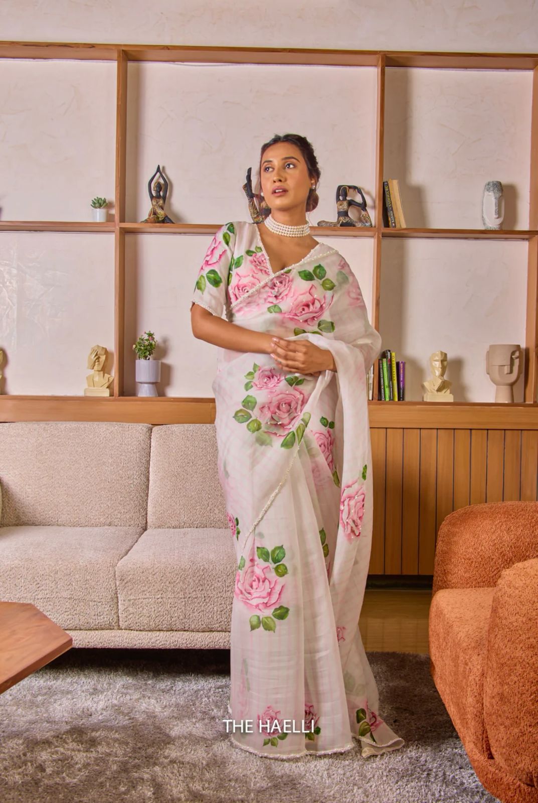New Designer Floral Hand Worked Tebby Slik Saree With Floral Printed Pearl Hand-Worked Sleeveless Stiched Blouse