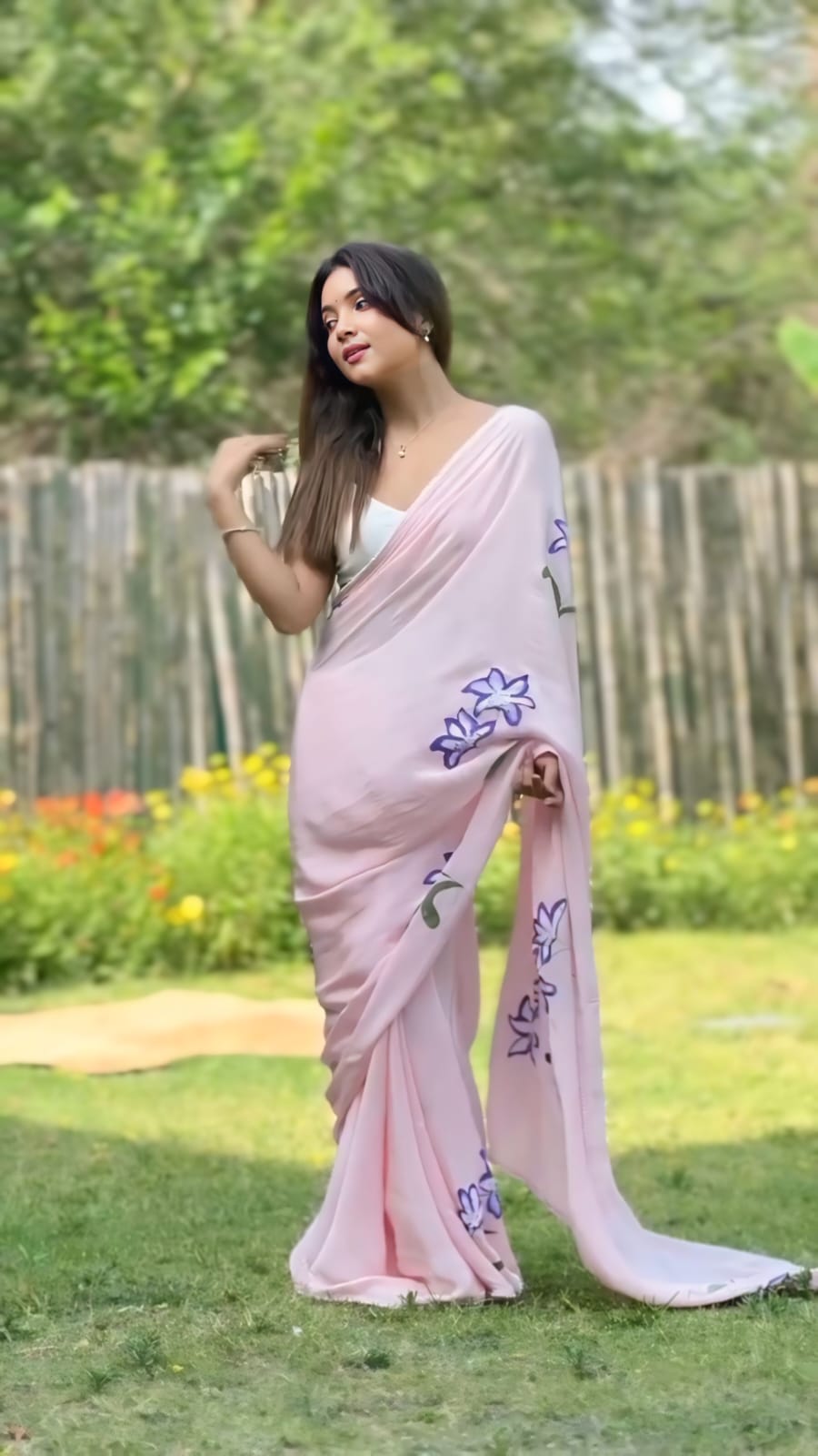 New One Minute Ready To Wear Pure Soft Georgette Silk Flower Designed Pink Saree With Same Model  Unstiched Blouse Piece