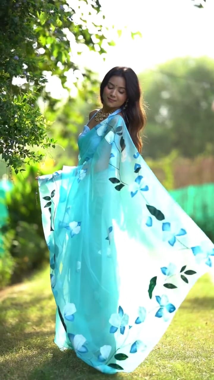 New One Minute Ready To Wear Sky Blue Colour Pure Soft Organza Silk Saree With Beautiful Flower Print Design With Unstiched Blouse Piece
