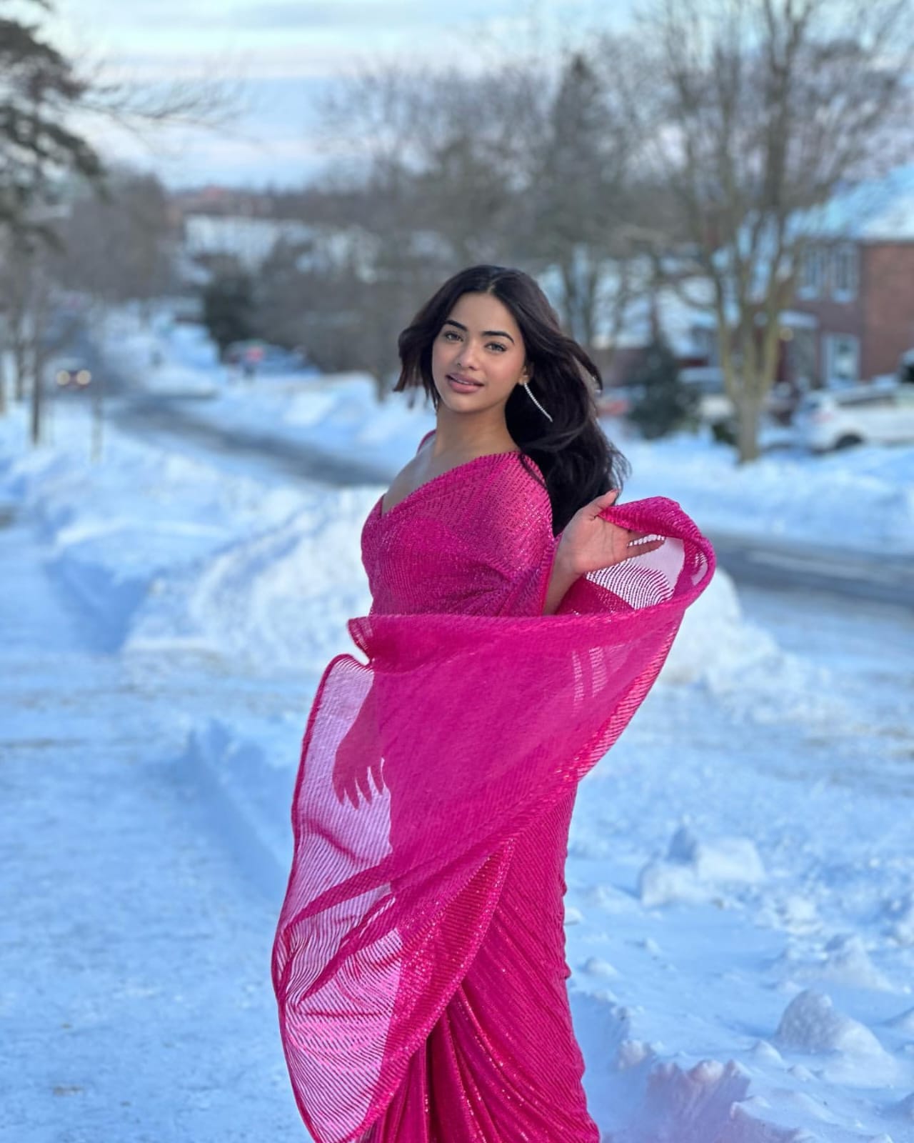 New Designer Georgette Saree With 3mm Sequence Embroidery Work In Double Run With Same Sequence Worked Unstiched Blouse Piece -  Rani Pink