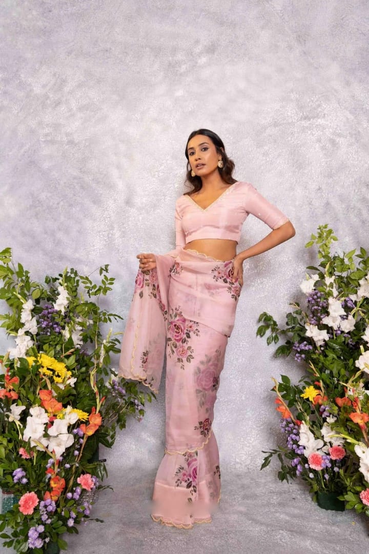 One Minute Ready To Wear Pure Soft Organza Silk Pastel Pink Saree With Moti and Val Work With Same Handworked Stiched Blouse