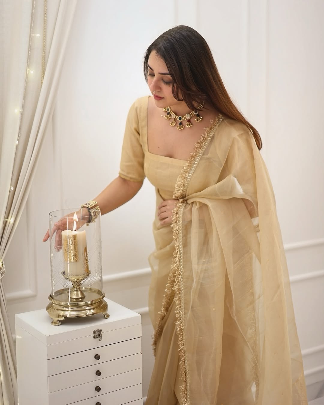 New Pure Cotton Silk Gold Saree With Beautifu Gold Colour Lace  Border With Same Modeling Gold Colour ace Border Blouse Piece