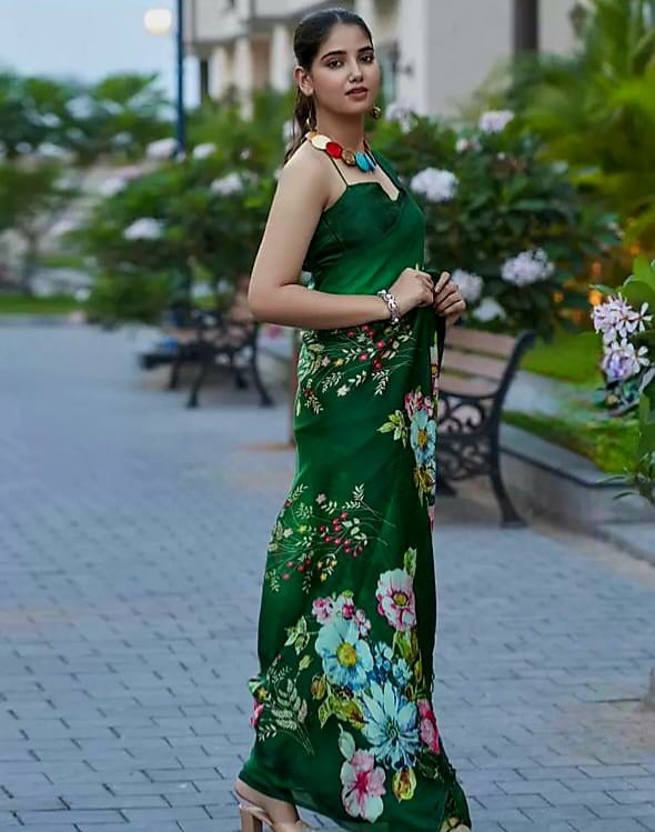 New Designer Original Japan Satin Devsena Green Saree With Digital Print With Digital Printed Unstiched Blouse Piece