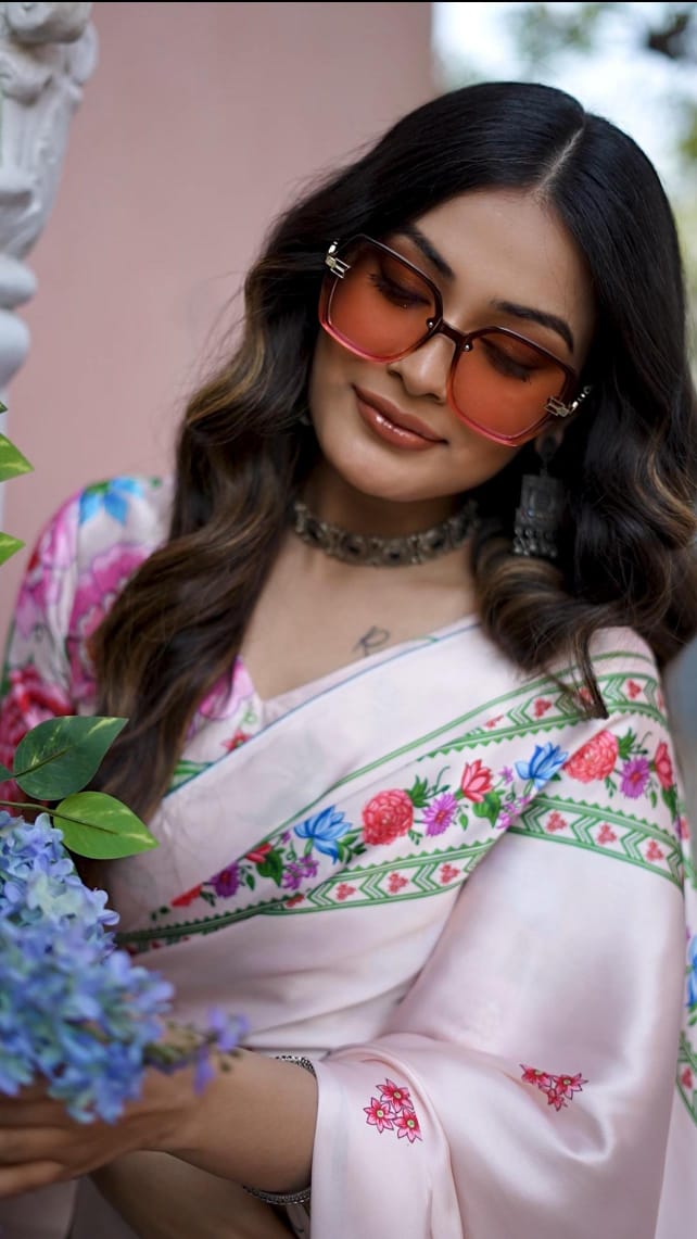 New Designer Original Japan Satin Devsena Saree With Digital Printed Flower Design With Digital Printed Unstiched Blouse Piece