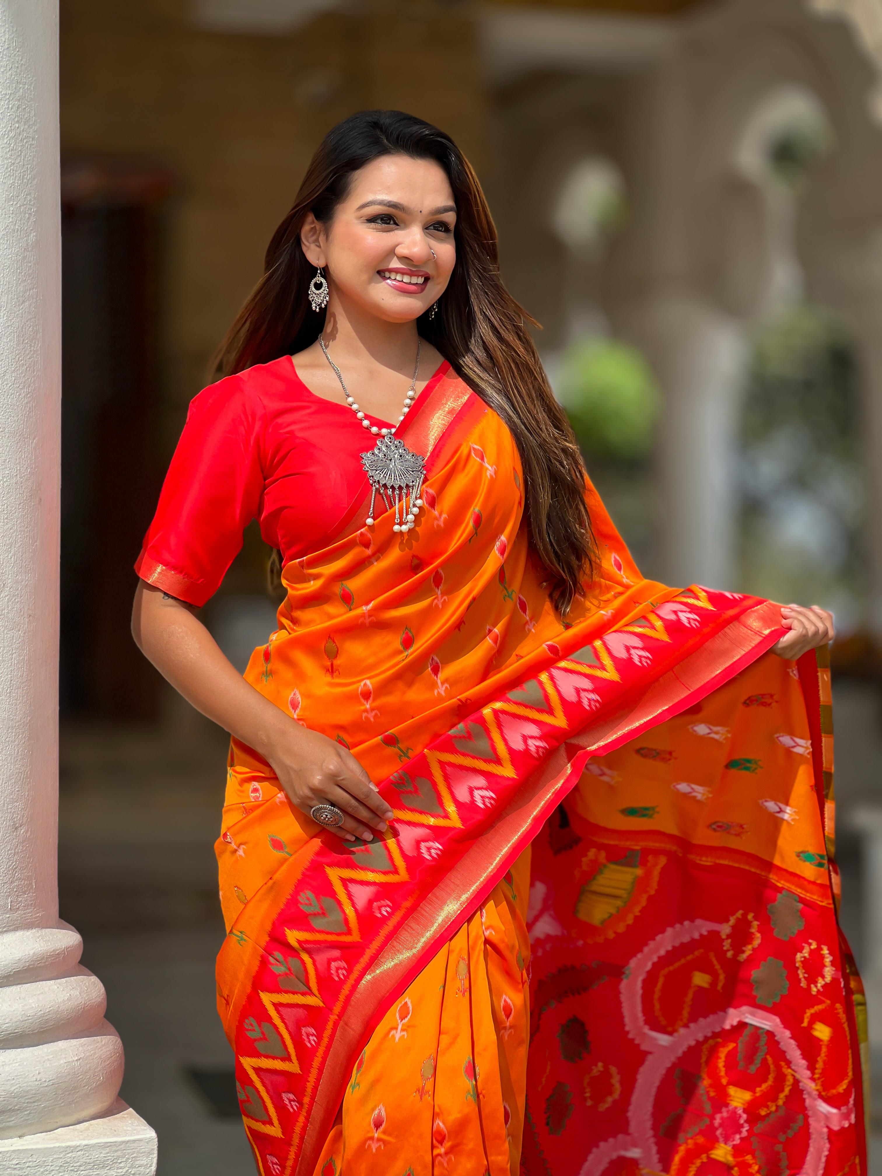 New Designer Ikkat And Patola Weaving Concept Orange Silk Saree With Contrast Rich Pallu And Unstiched Blouse Piece