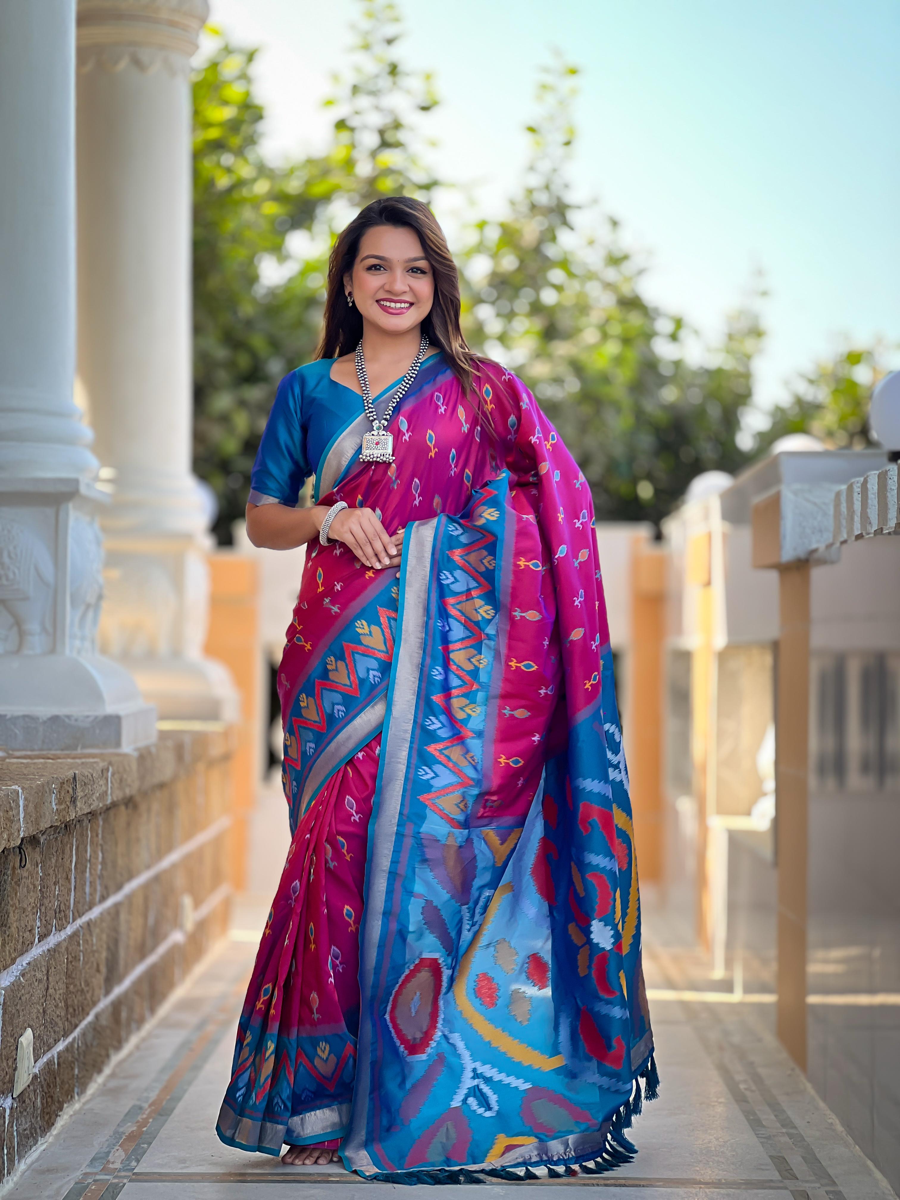 New Designer Ikkat And Patola Weaving Concept Violete Silk Saree With Contrast Rich Pallu And Unstiched Blouse Piece