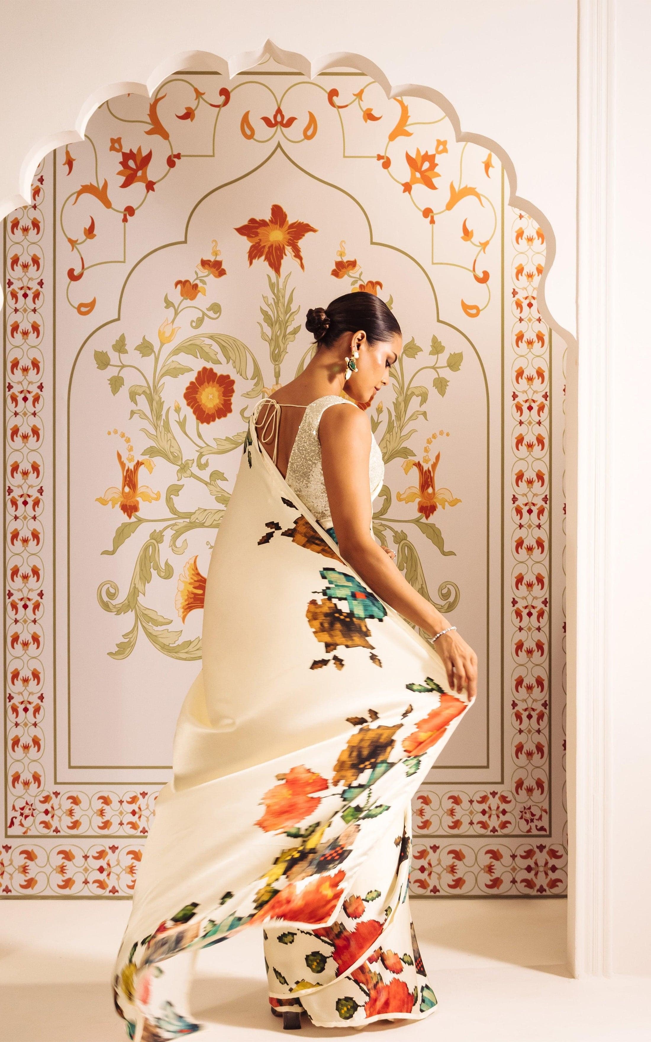 New Premium Japan Satin Designer Off White Saree With Unstiched Blouse