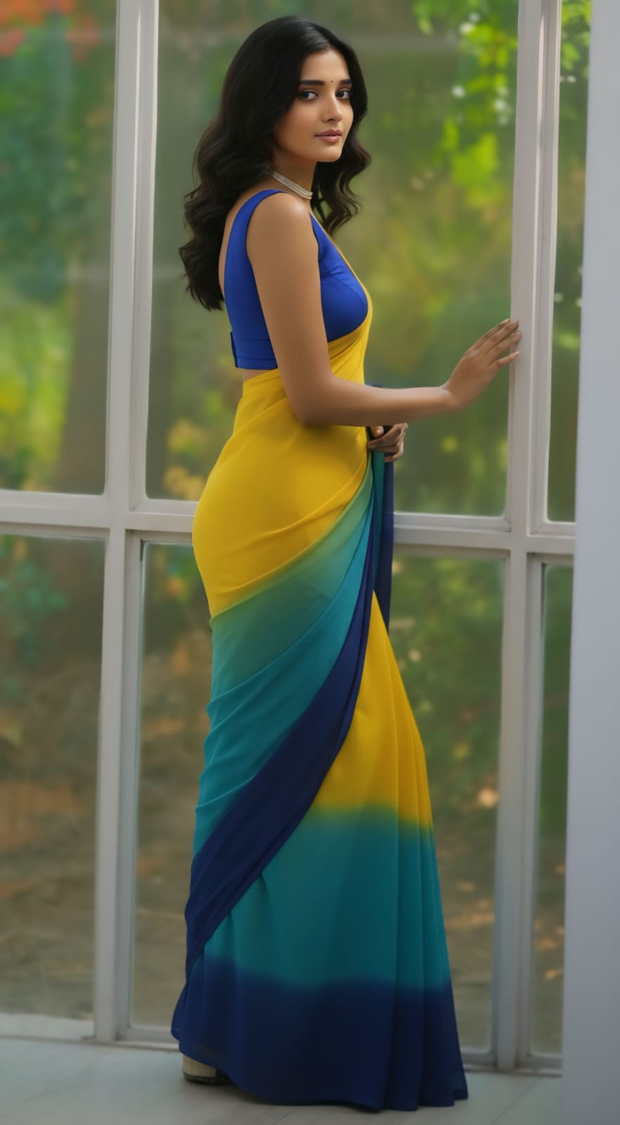 New Beautiful Yellow and Navy Blue Ombre Georgette delicate Saree with unstitch Blouse