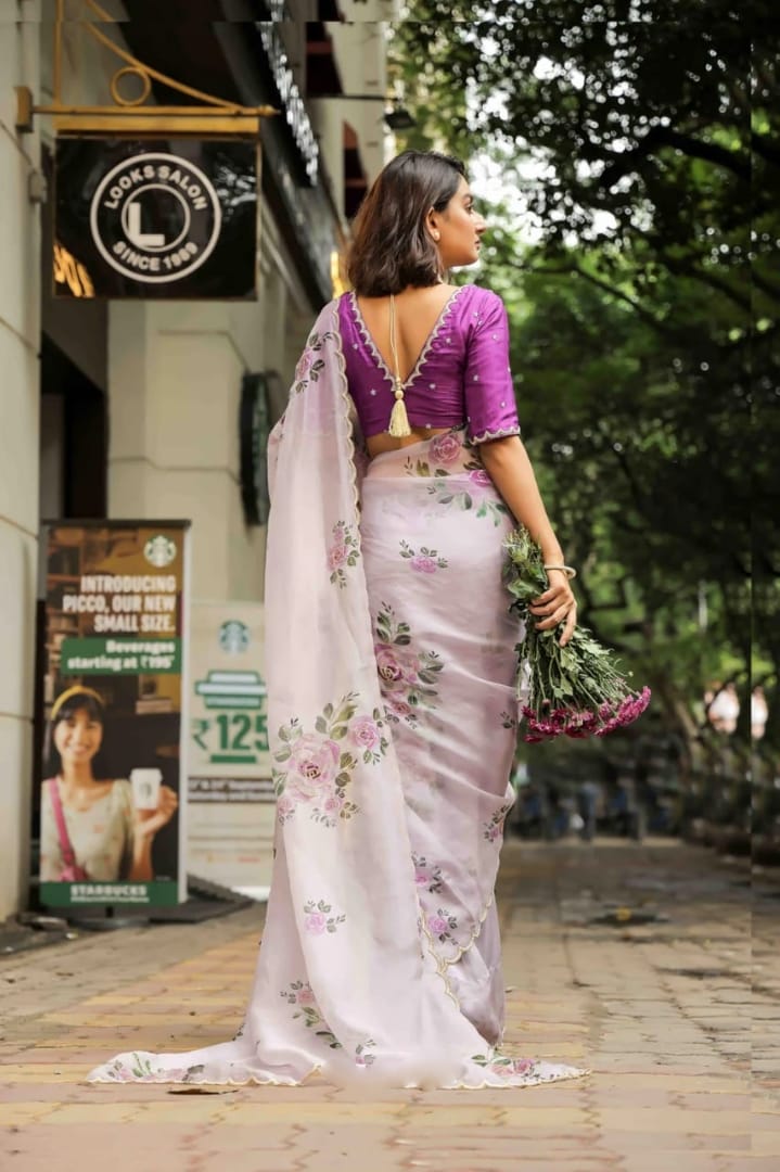One Minute Ready To Wear Pure Soft Organza Silk Pastel Purple Saree With Moti and Val Work With Same Handworked Stiched Blouse