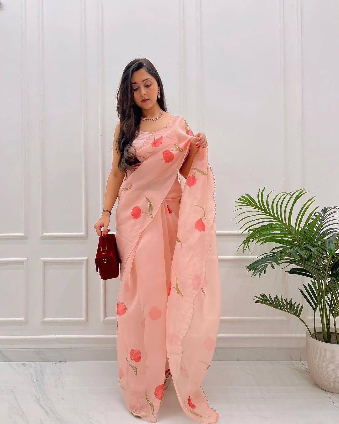 New Designer Pure Soft Organza Silk Saree With Beautiful Hand Worked Moti And Val Work Full  Border Curve Design With Same Bouse Piece