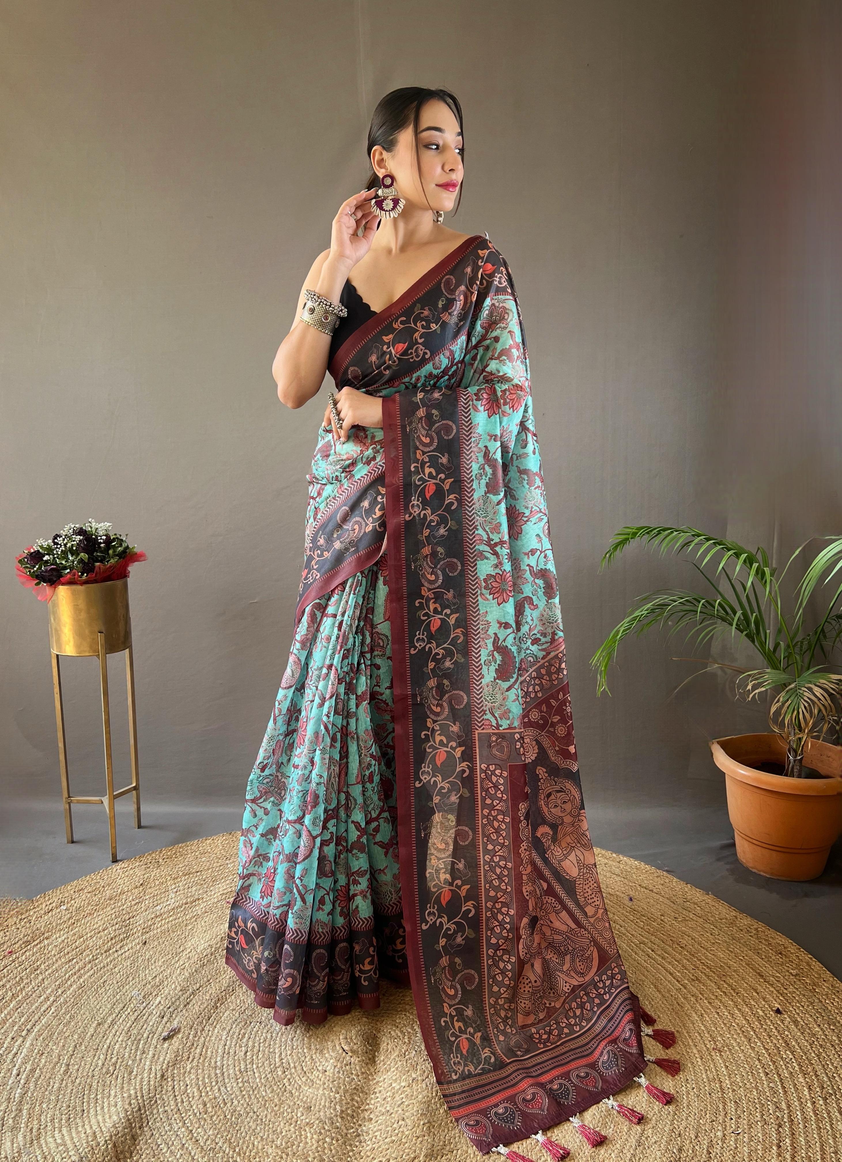 New Designer Soft Cotton Saree With Hand Picked Kalamkari Prints With Contrast Unstiched Blouse Piece - Pastel Dark Green