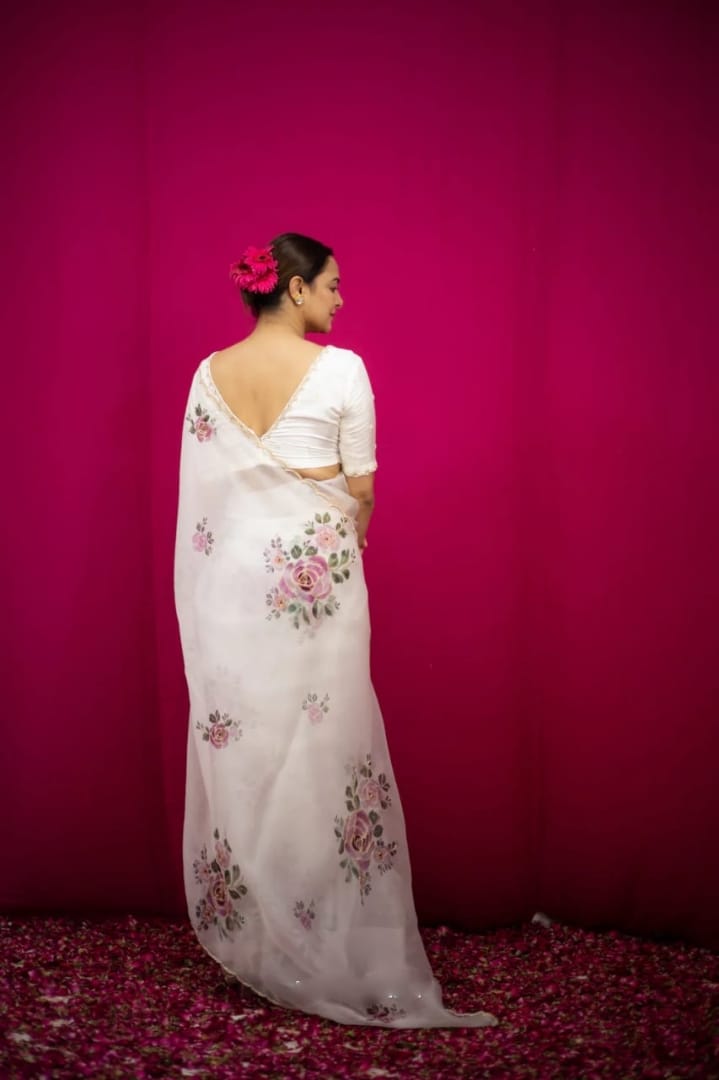 One Minute Ready To Wear Pure Soft Organza Silk White Saree With Moti and Val Work With Same Handworked Stiched Blouse