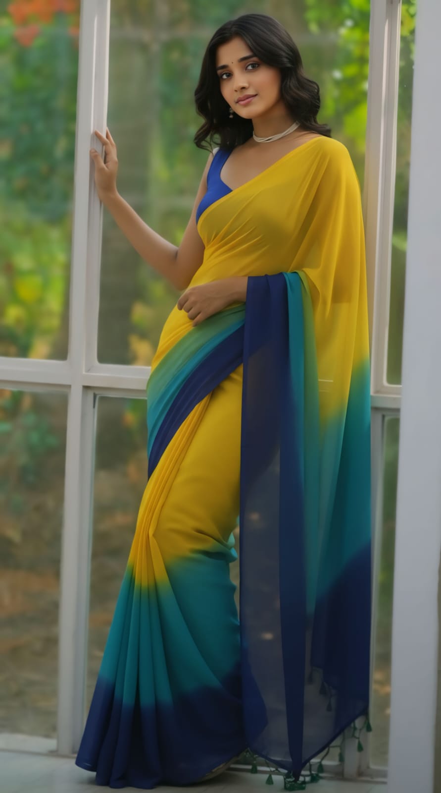 New Beautiful Yellow and Navy Blue Ombre Georgette delicate Saree with unstitch Blouse