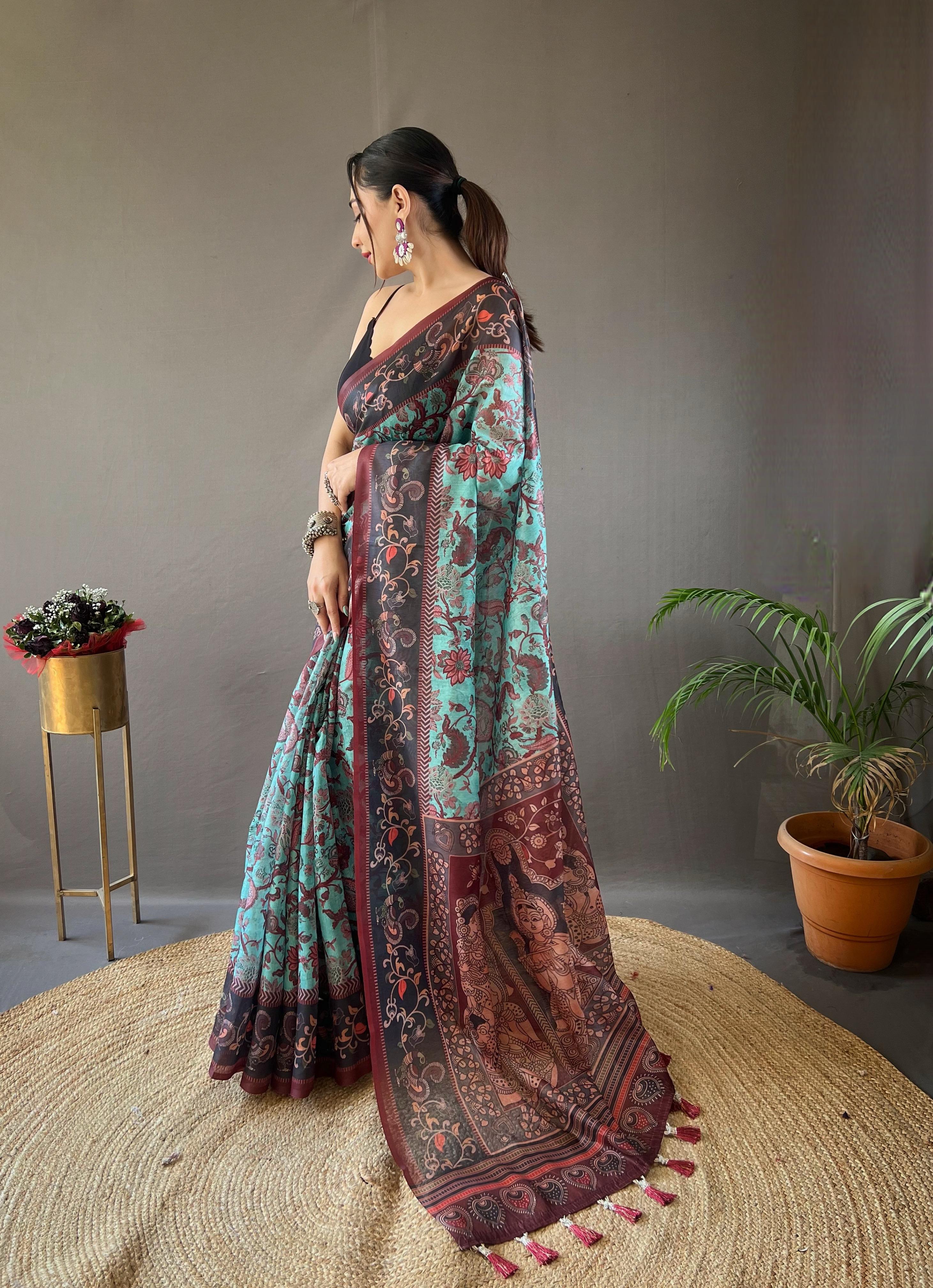 New Designer Soft Cotton Saree With Hand Picked Kalamkari Prints With Contrast Unstiched Blouse Piece - Pastel Dark Green