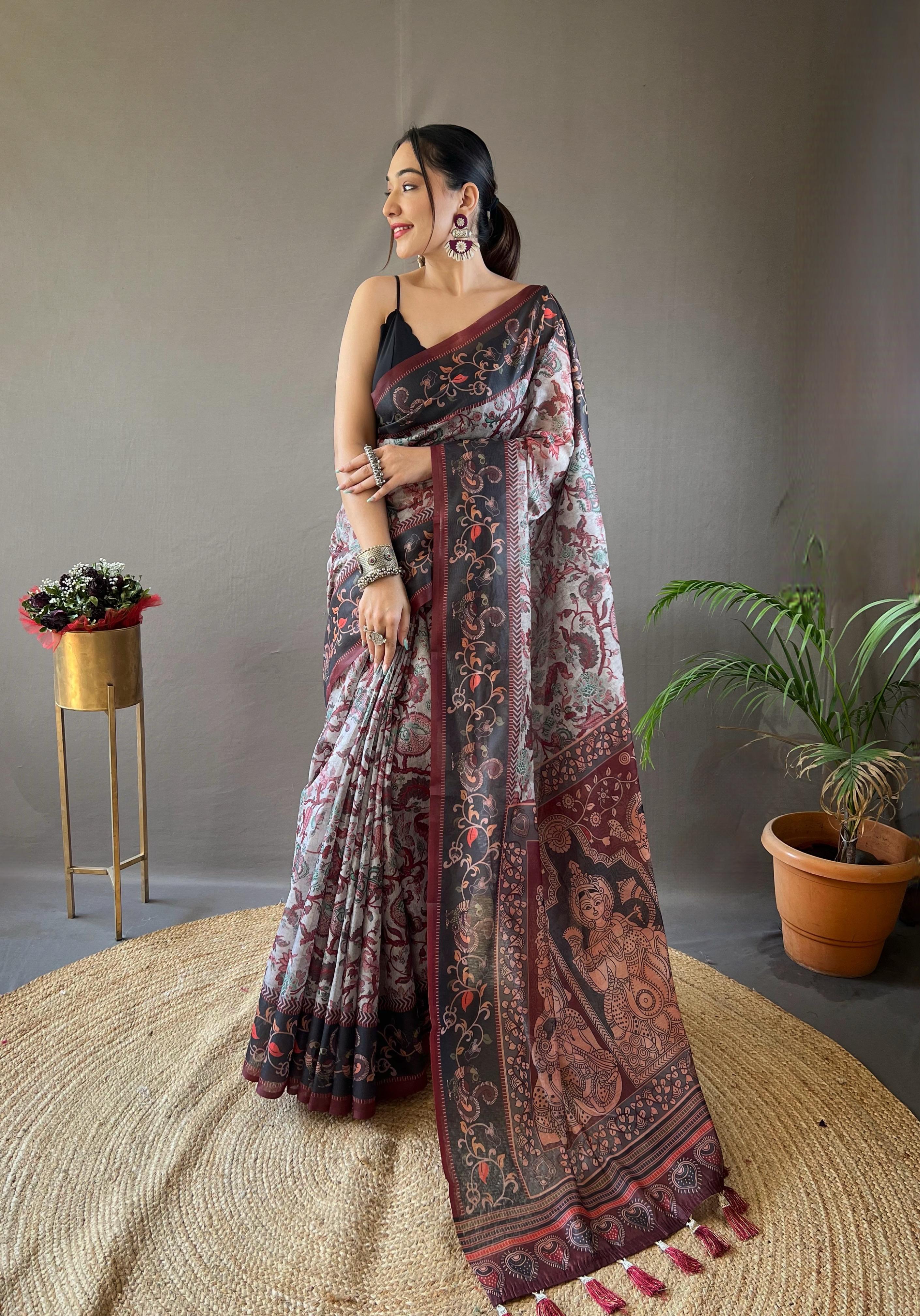 New Designer Soft Cotton Saree With Hand Picked Kalamkari Prints With Contrast Unstiched Blouse Piece - Grey