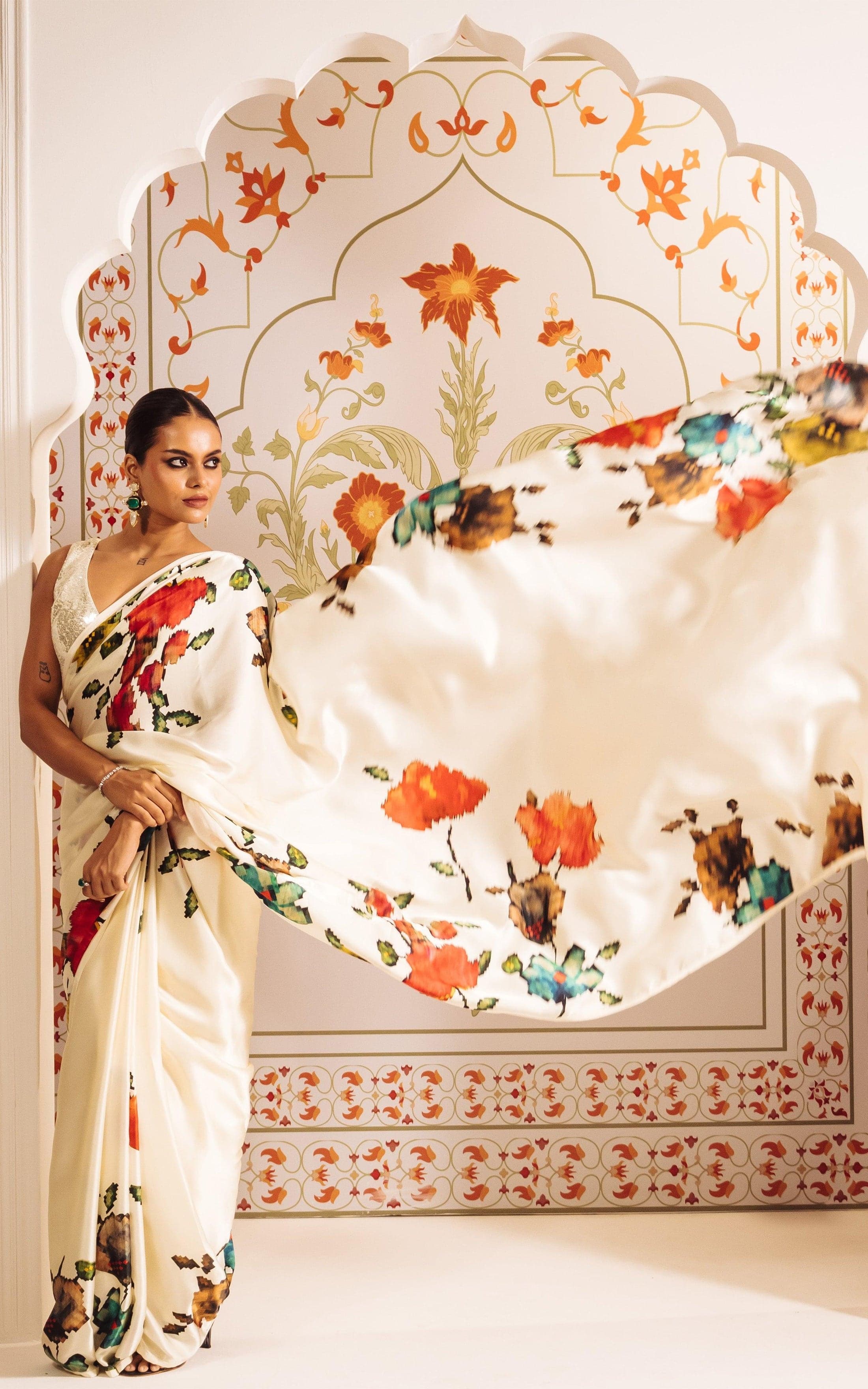 New Premium Japan Satin Designer Off White Saree With Unstiched Blouse