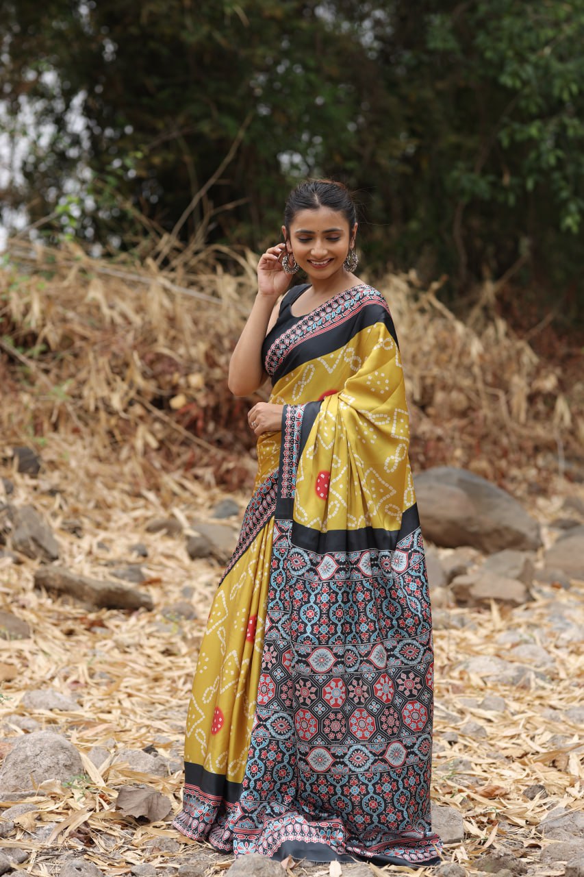 New Designer Original Japan Satin Devsena Saree With Digital Print With Digital Printed Unstiched Blouse Piece