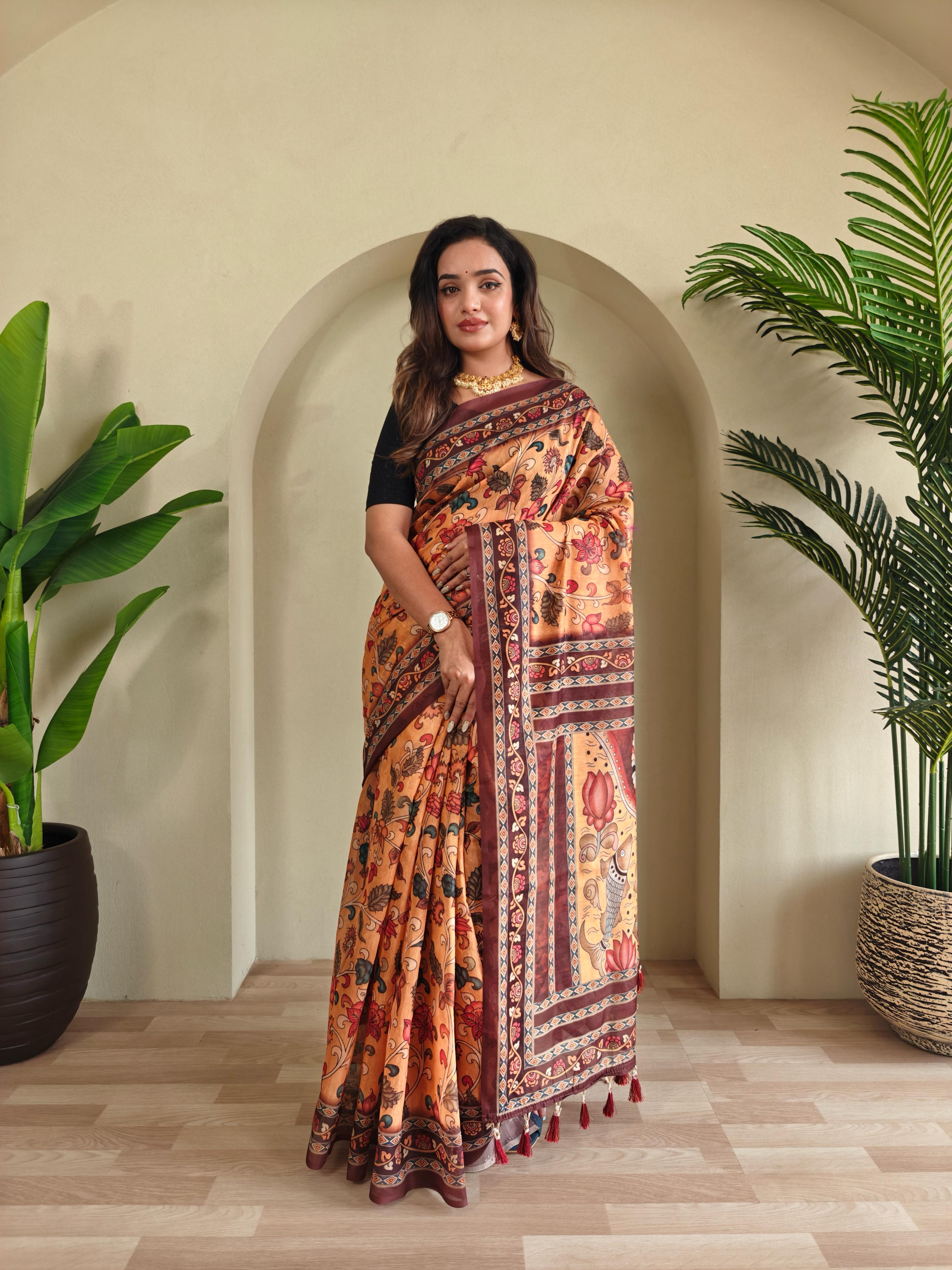 New Designer Pure Malai Cotton Saree With Elephant  Kalamkari Pattern Along With Contras Big Pallu With Tussels - Yellow