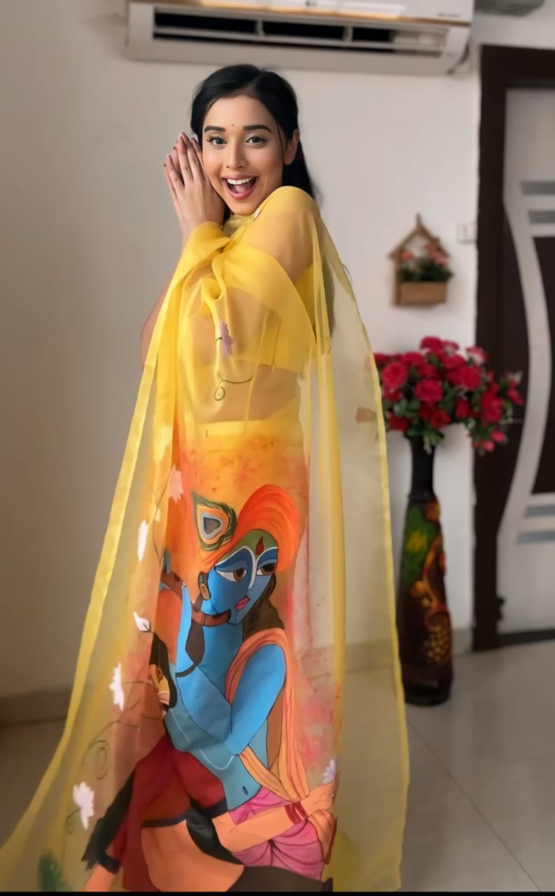 New One Minute Ready To Wear Radha Krishna Designed Pure Soft Organza Saree With Yellow Unstiched Blouse Piece