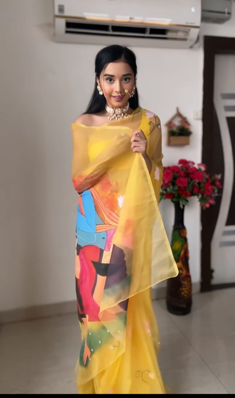 New One Minute Ready To Wear Radha Krishna Designed Pure Soft Organza Saree With Yellow Unstiched Blouse Piece