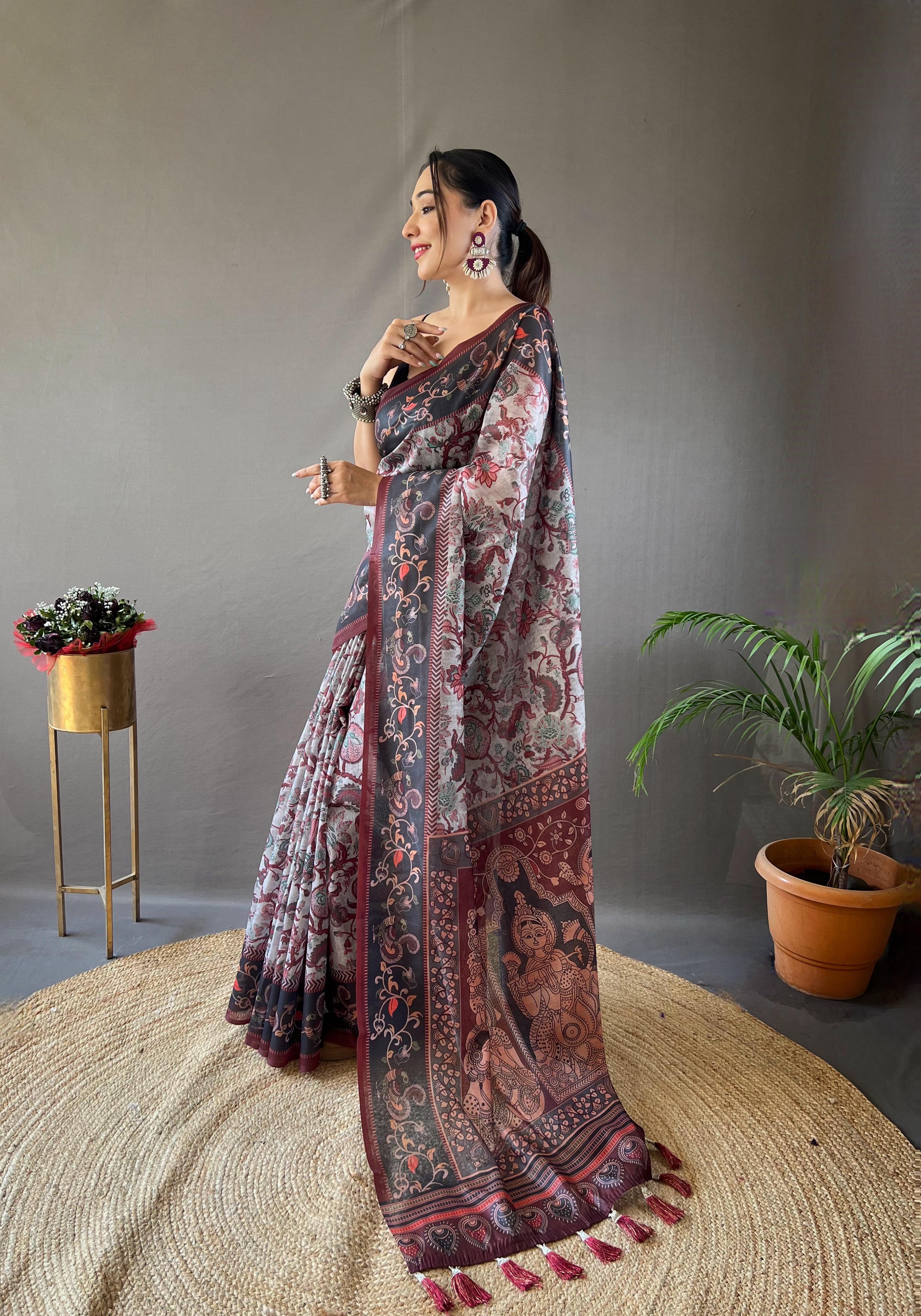New Designer Soft Cotton Saree With Hand Picked Kalamkari Prints With Contrast Unstiched Blouse Piece - Grey