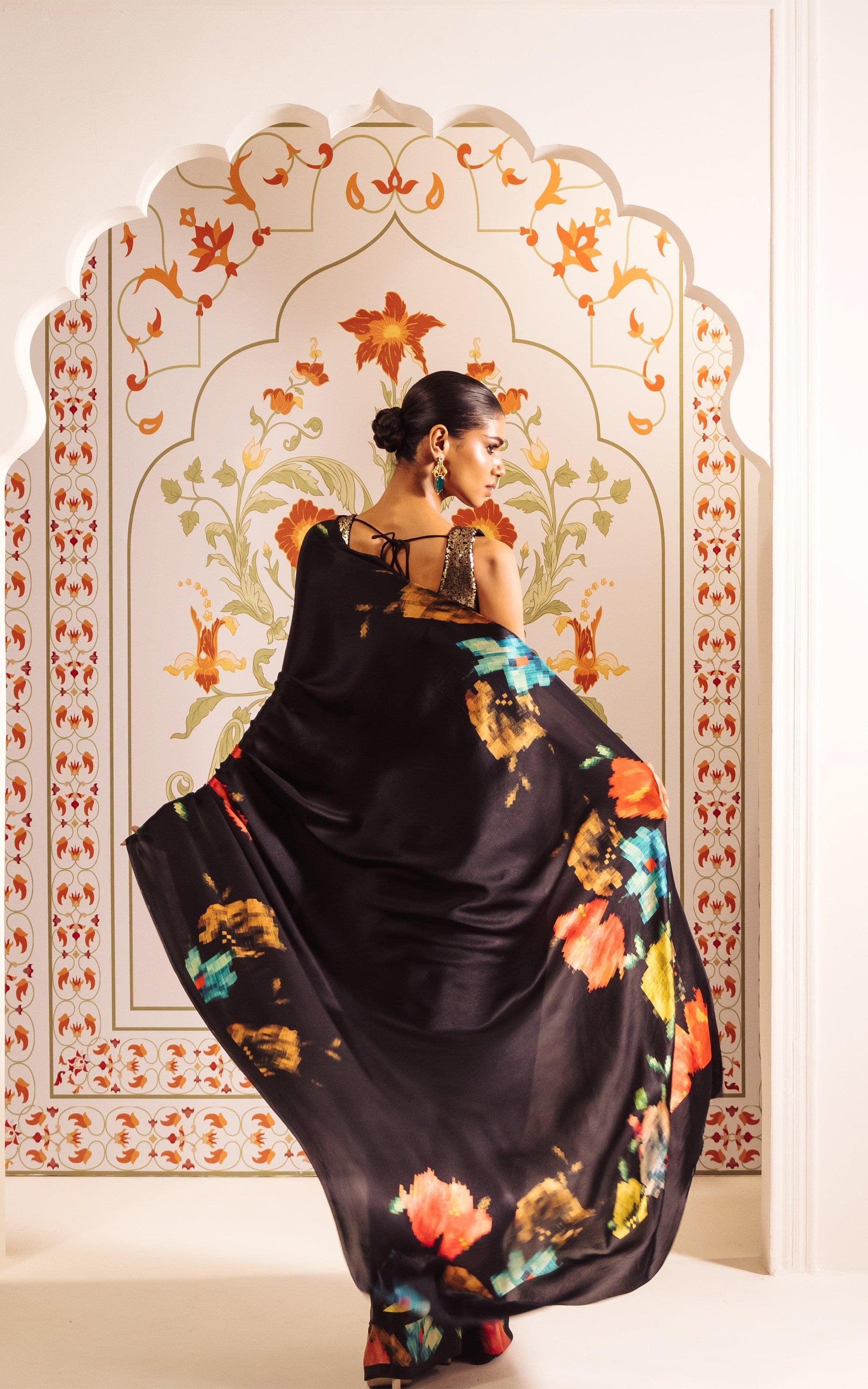 New Premium Japan Satin Designer Black Saree With Unstiched Blouse