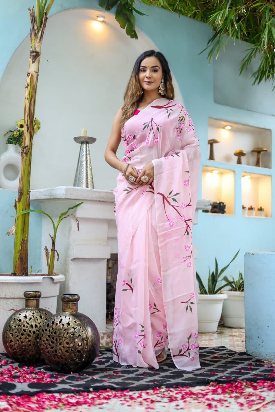 New One Minute Ready To Wear Pink Colour Pure Soft Georgette Multi Colour Flowered Design Saree With Pink Unstitched Blouse
