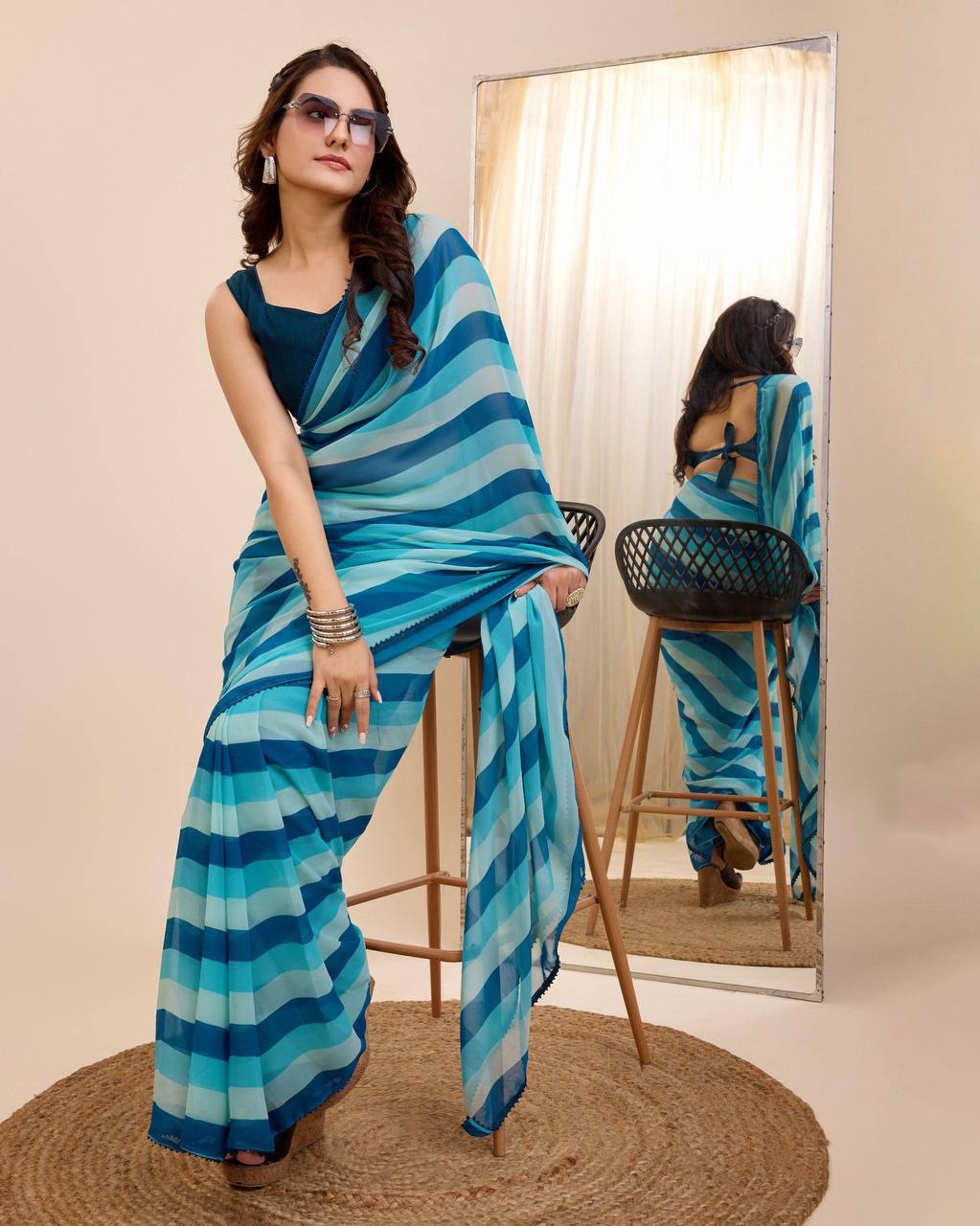 New One Minute Ready To Wear Blue Colour Pure Soft Georgette Saree With Blue Unstitched Blouse