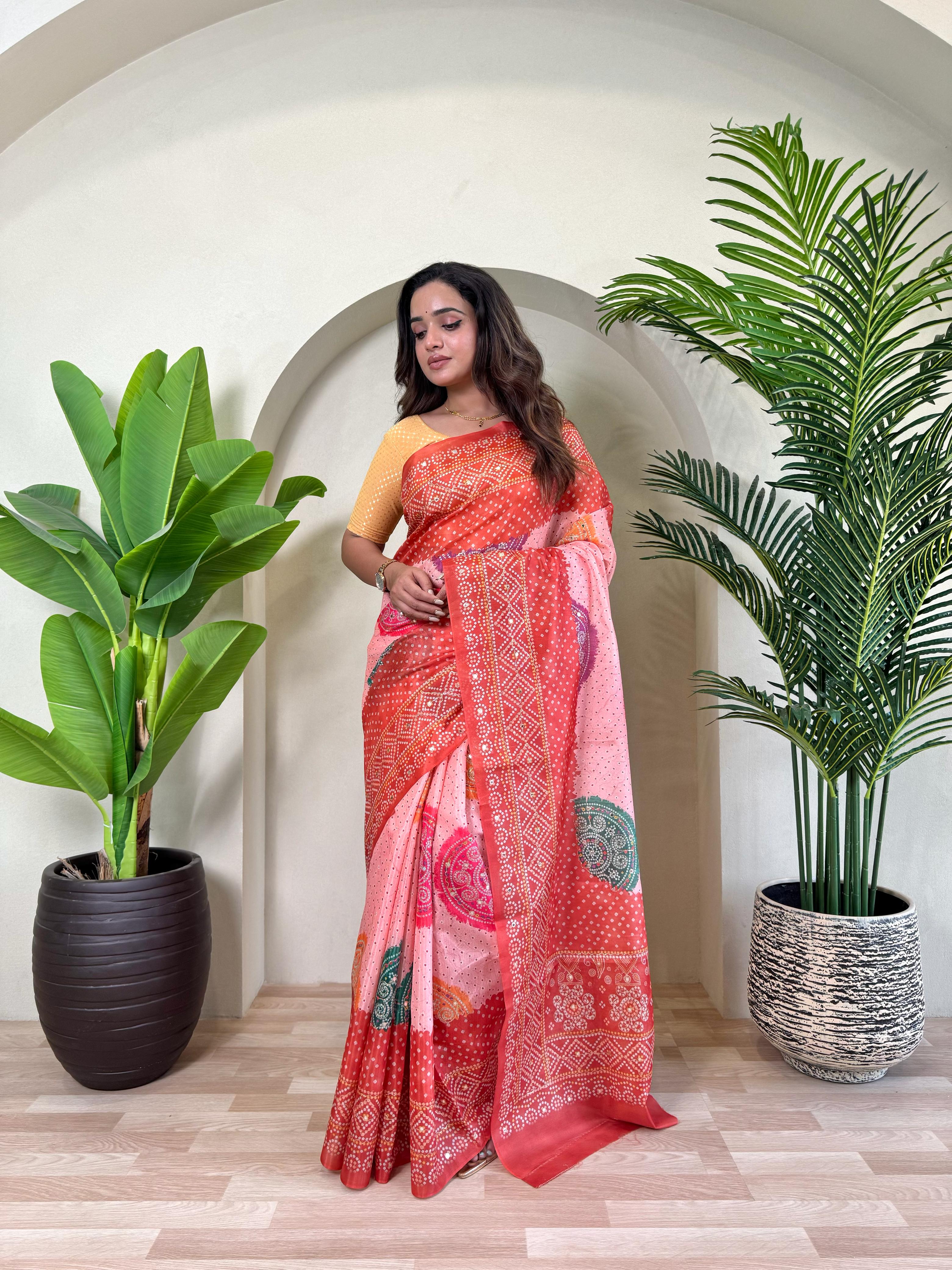 New Designer Tissue Silk Weaving Orange Pink Shade Saree With Contras Printed Embroidery Work Unstiched Blouse Piece