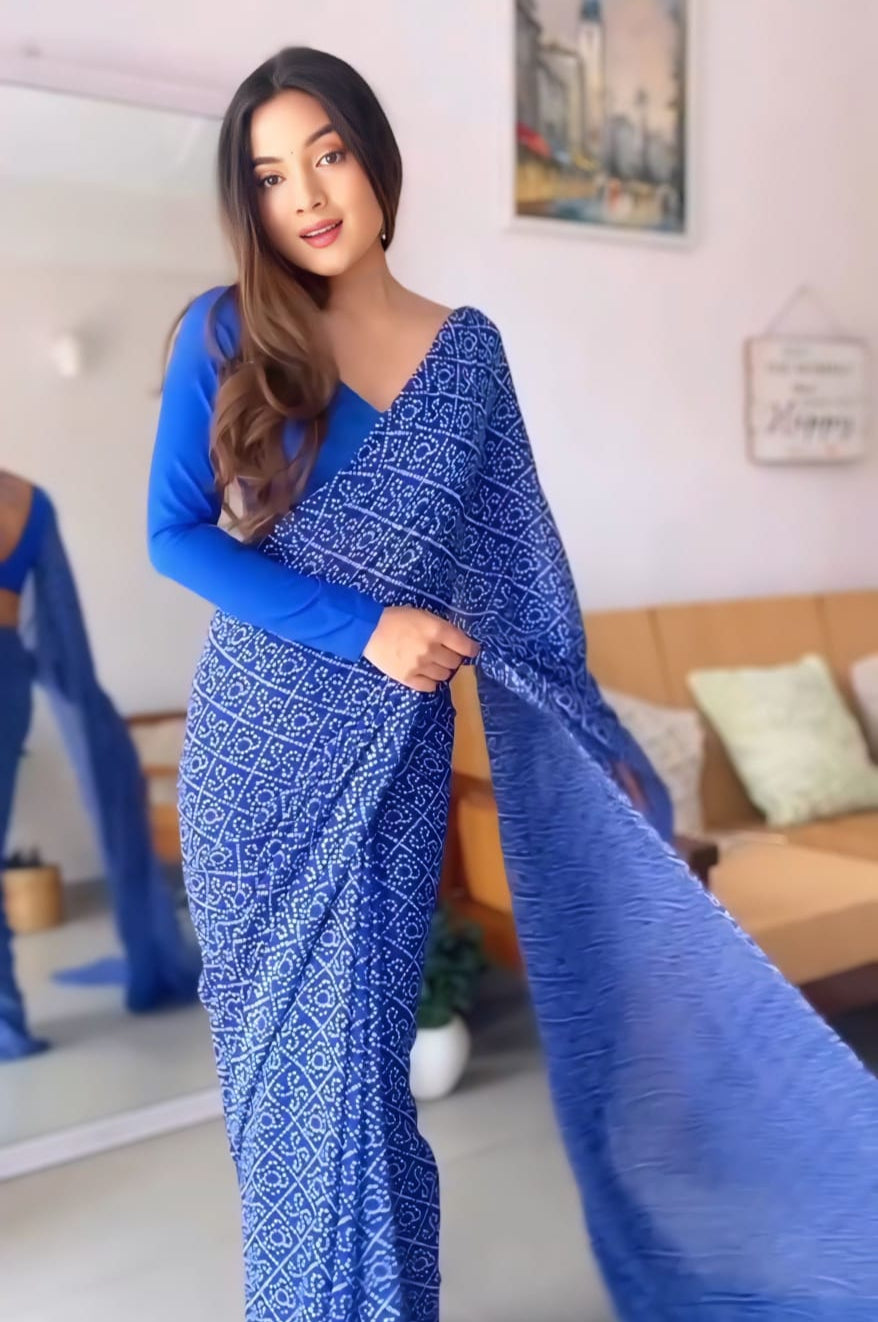 New One Minute Ready To Wear Pure Soft Georgette Silk Bandhani Designed Blue Saree With Same Model  Unstiched Blouse Piece