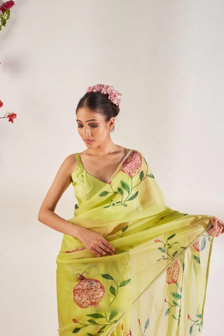 New One Minute Ready To Wear Soft Organza Silk Saree with Beautiful Hand Worked Moti  And Val Work With Same Handworked Stiched Blouse