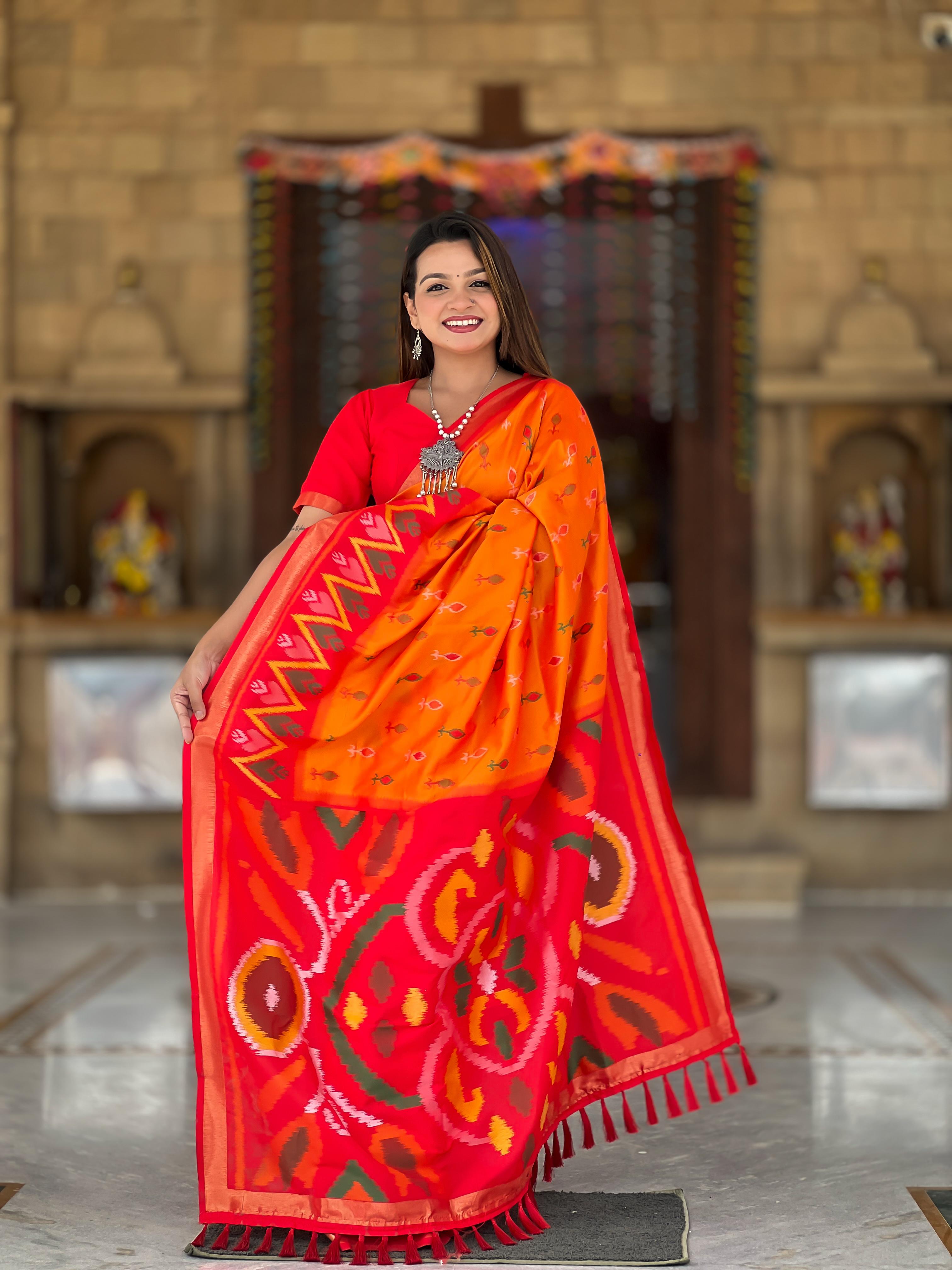 New Designer Ikkat And Patola Weaving Concept Orange Silk Saree With Contrast Rich Pallu And Unstiched Blouse Piece