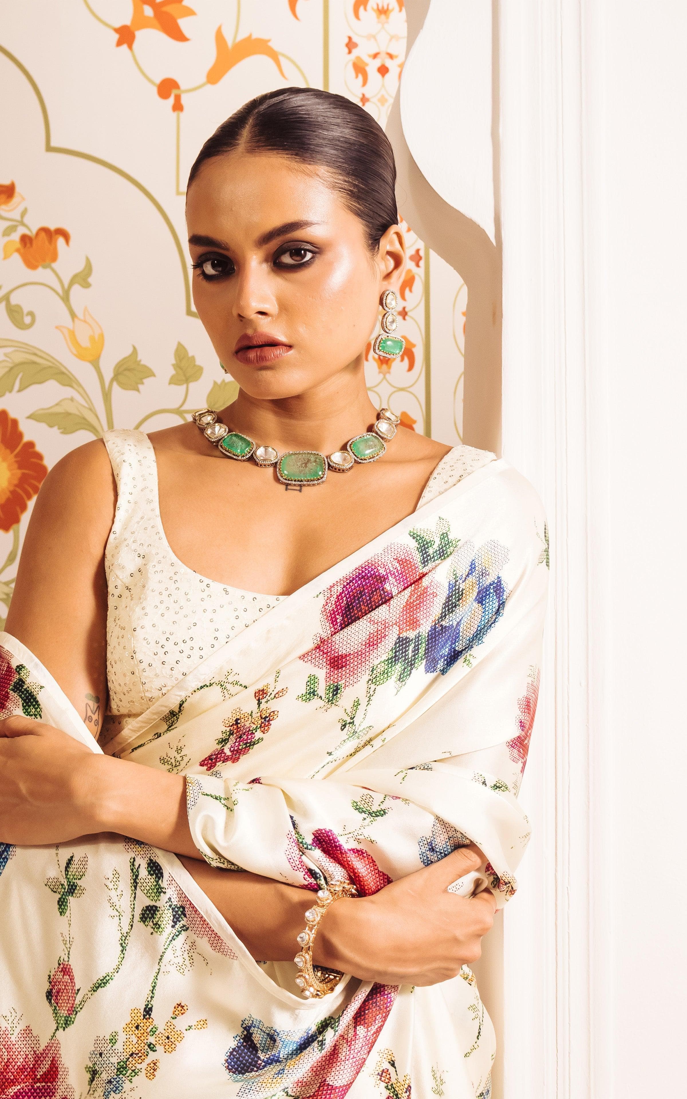 New Premium Japan Satin Digital Printed Designer Off White Saree With Unstiched Blouse