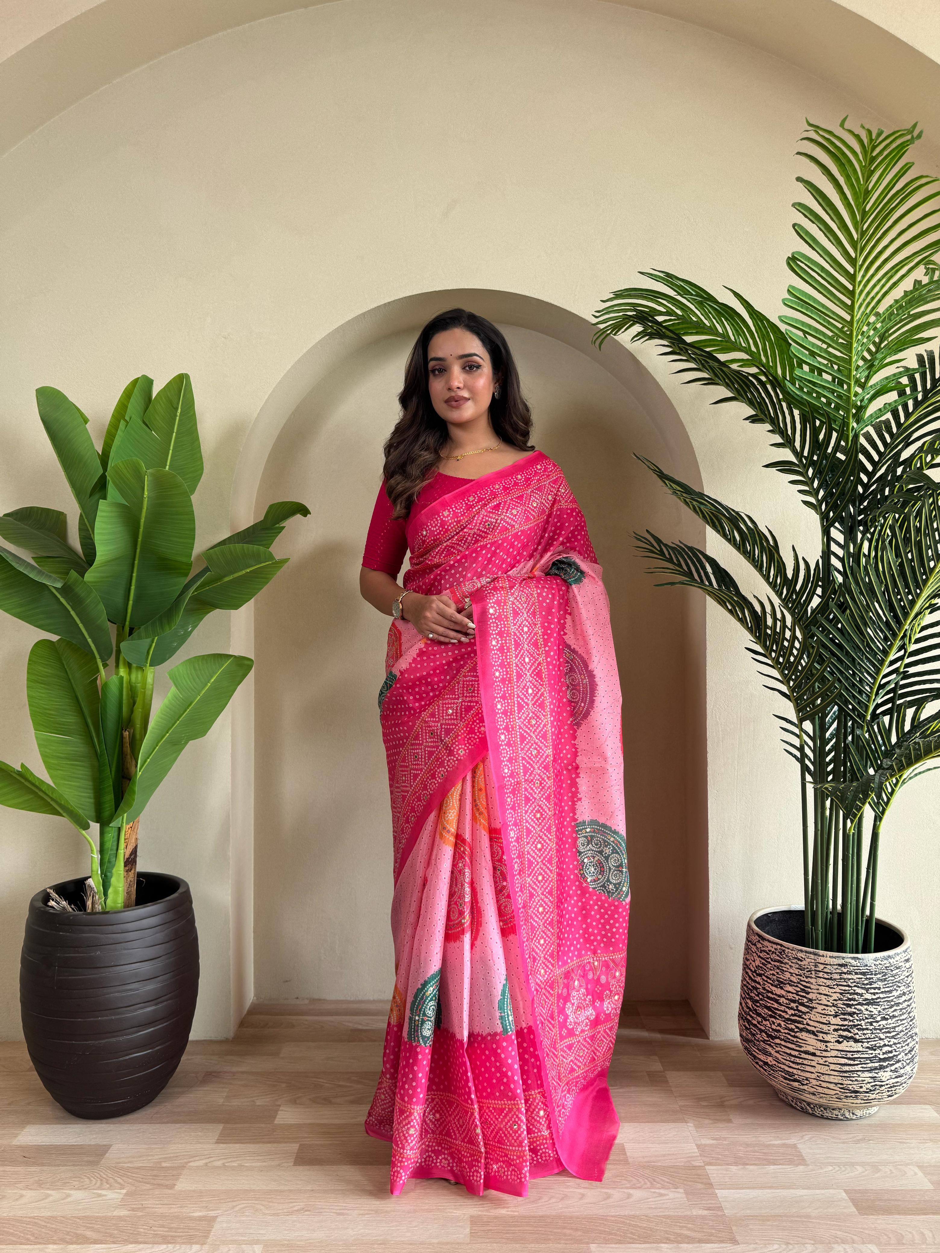 New Designer Tissue Silk Weaving Dual Pink Shade Saree With Contras Printed Embroidery Work Unstiched Blouse Piece
