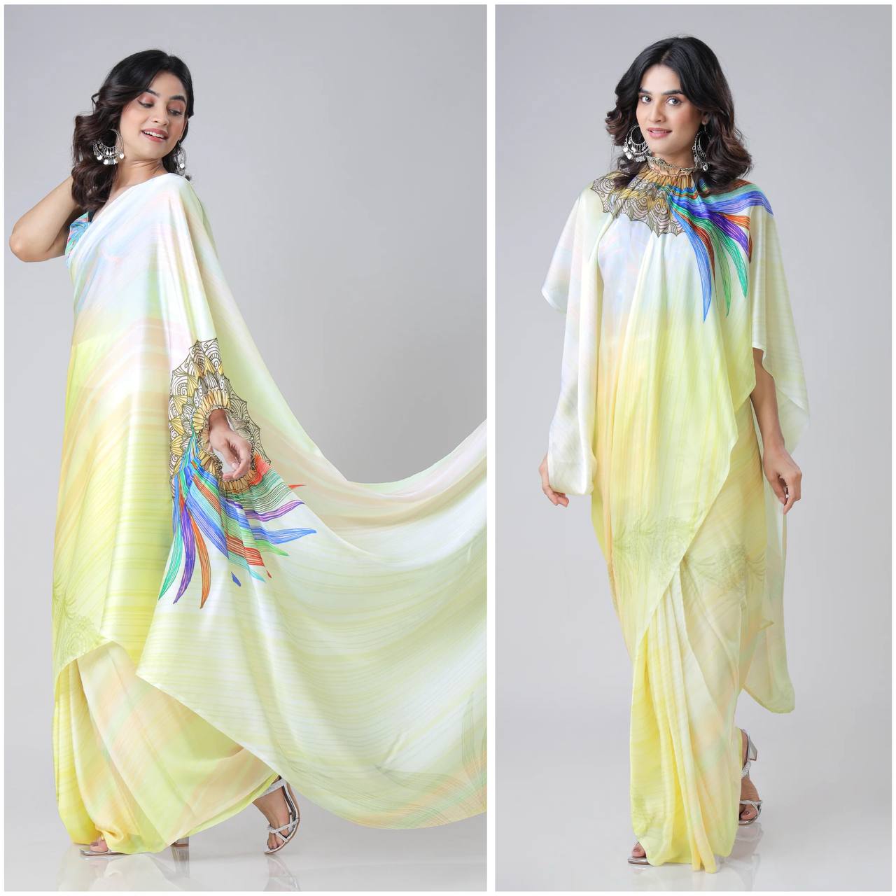 New One Minute Ready To Wear  Heavy Crepe Silk  Free Hand Saree With  Digital Print With Running Crepe Silk Unstiched Blouse Piece -  Pastel Yellow