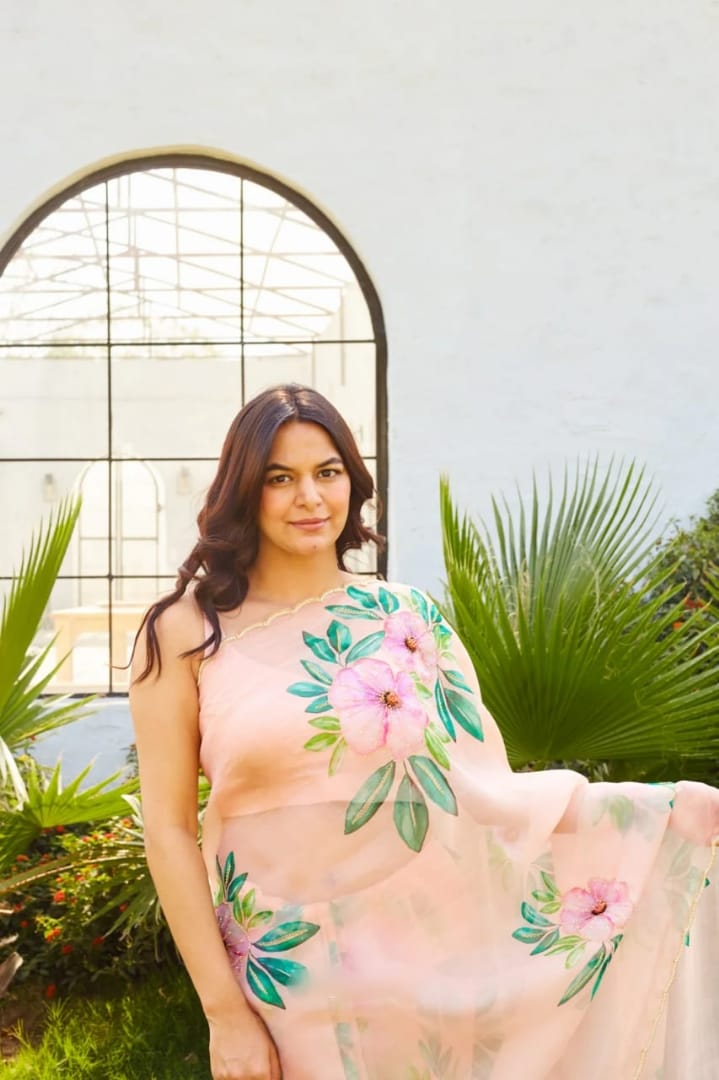 One Minute Ready To Wear Pure Soft Organza Silk Baby Pink Saree With Moti and Val Work With Same Handworked Stiched Blouse