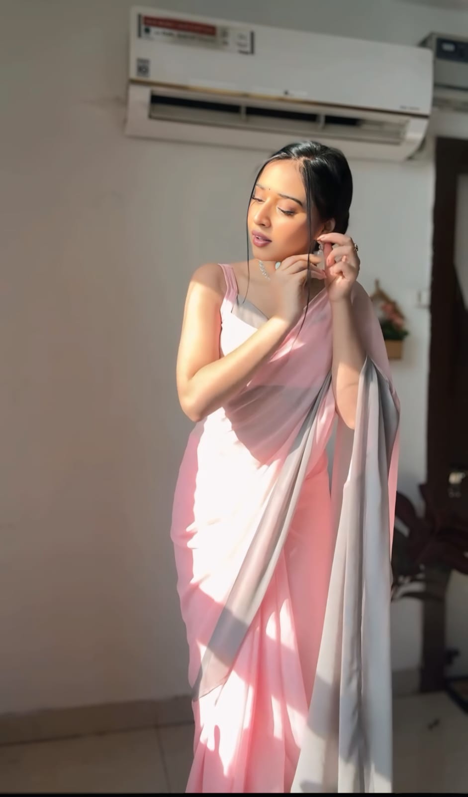 New One Minute Ready To Wear Pink And Grey Pure Soft Georgette Silk Saree With Same Colour Unstiched Blouse Piece