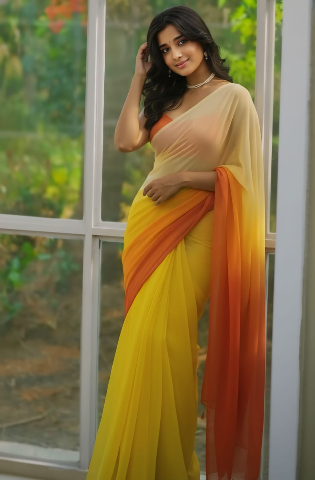New Beautiful Yellow and Orange Ombre Georgette delicate  Saree with unstitch Blouse