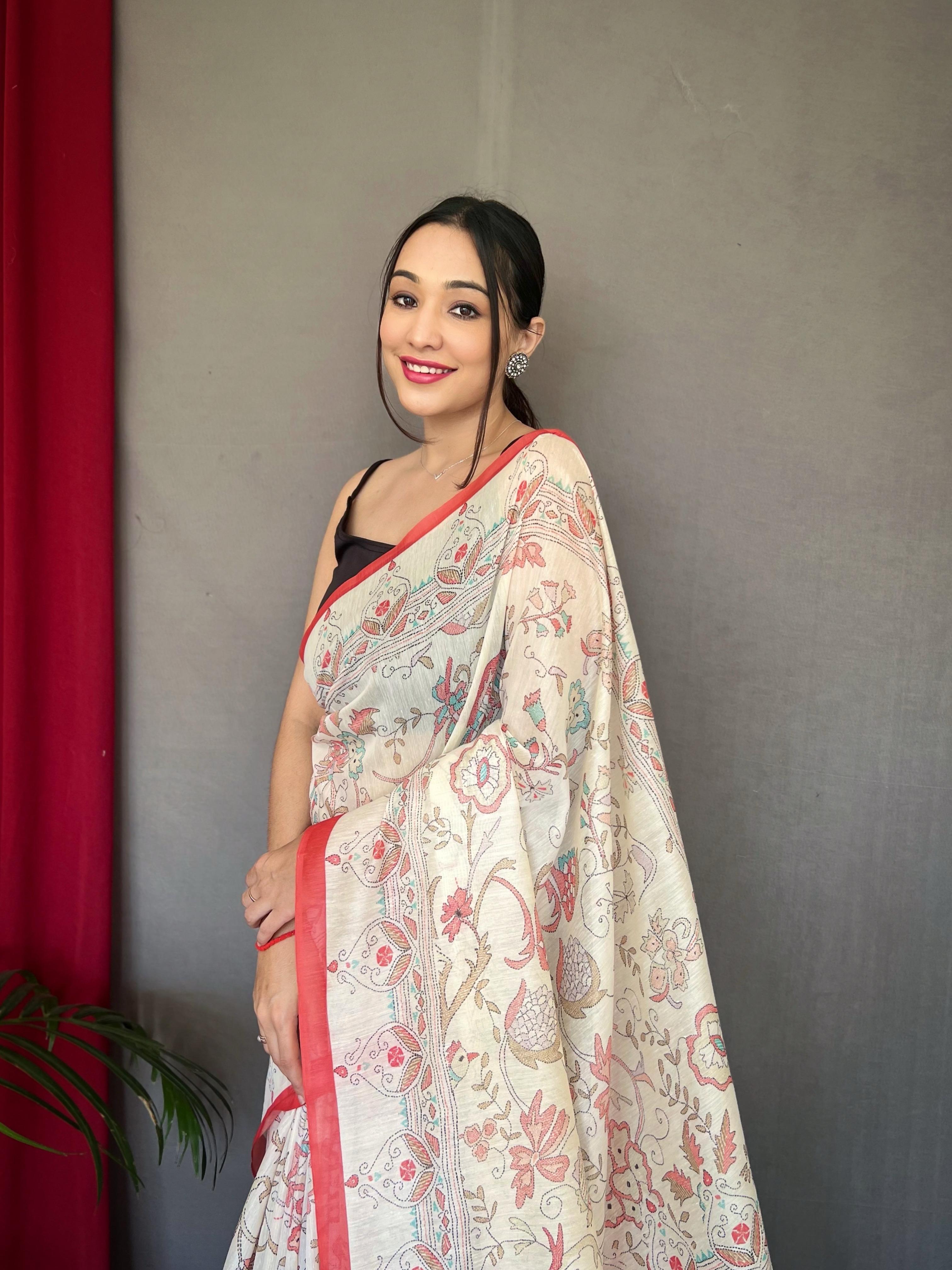 New Designer Pure Soft Malai Cotton Katha Printed Saree With Contrast Border And Printed Unstiched Blouse Piece - Red