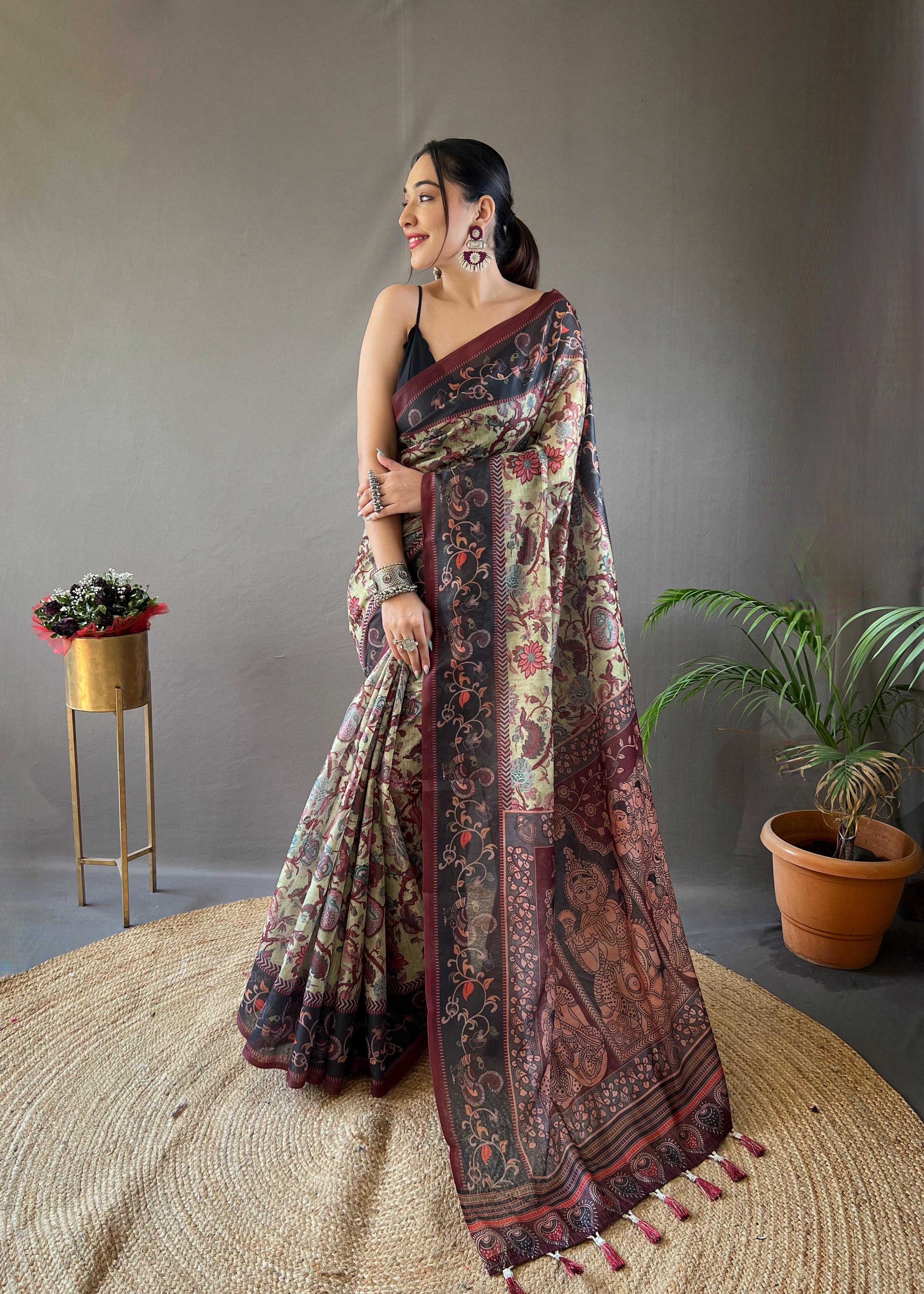 New Designer Soft Cotton Saree With Hand Picked Kalamkari Prints With Contrast Unstiched Blouse Piece - Pastel Green