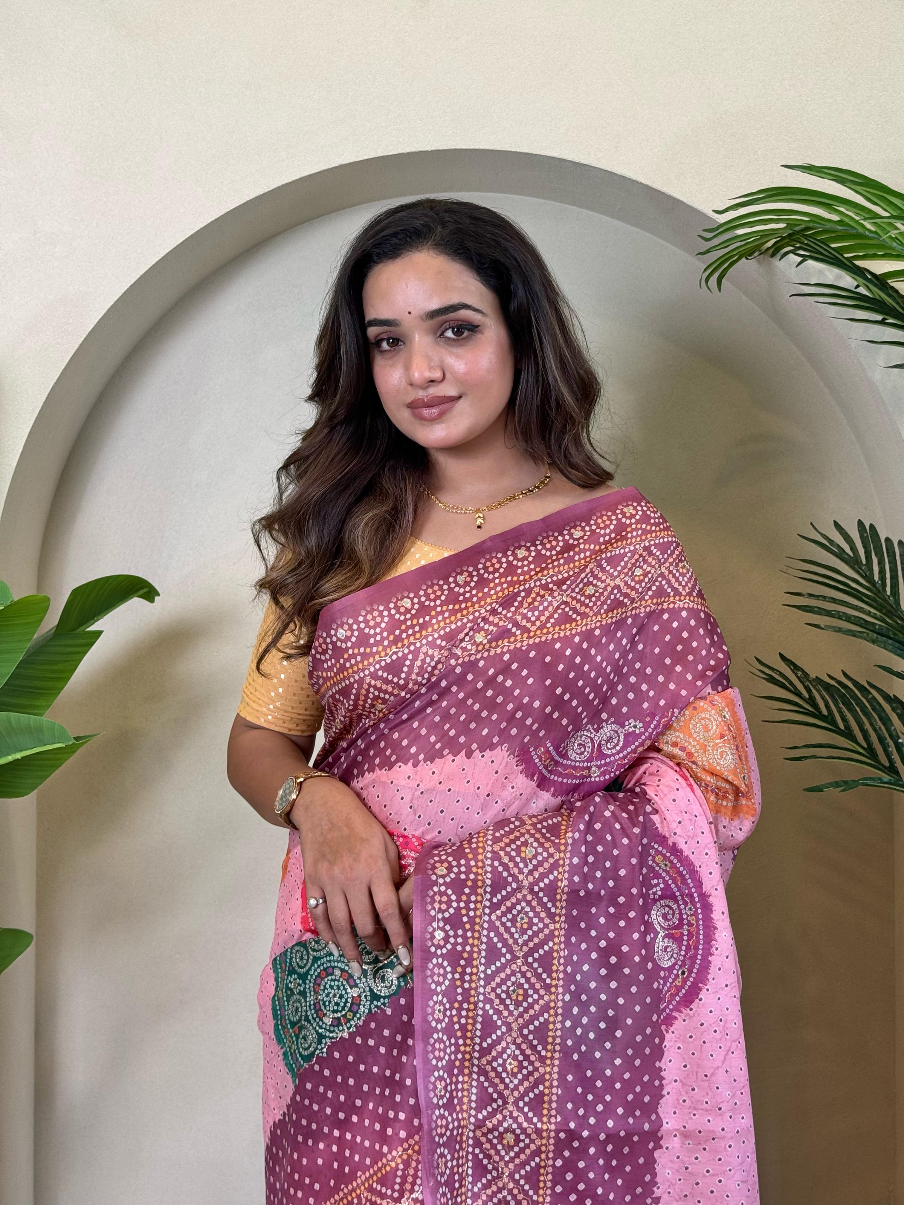 New Designer Tissue Silk Weaving Pink-Purple Shade Saree With Contras Printed Embroidery Work Unstiched Blouse Piece