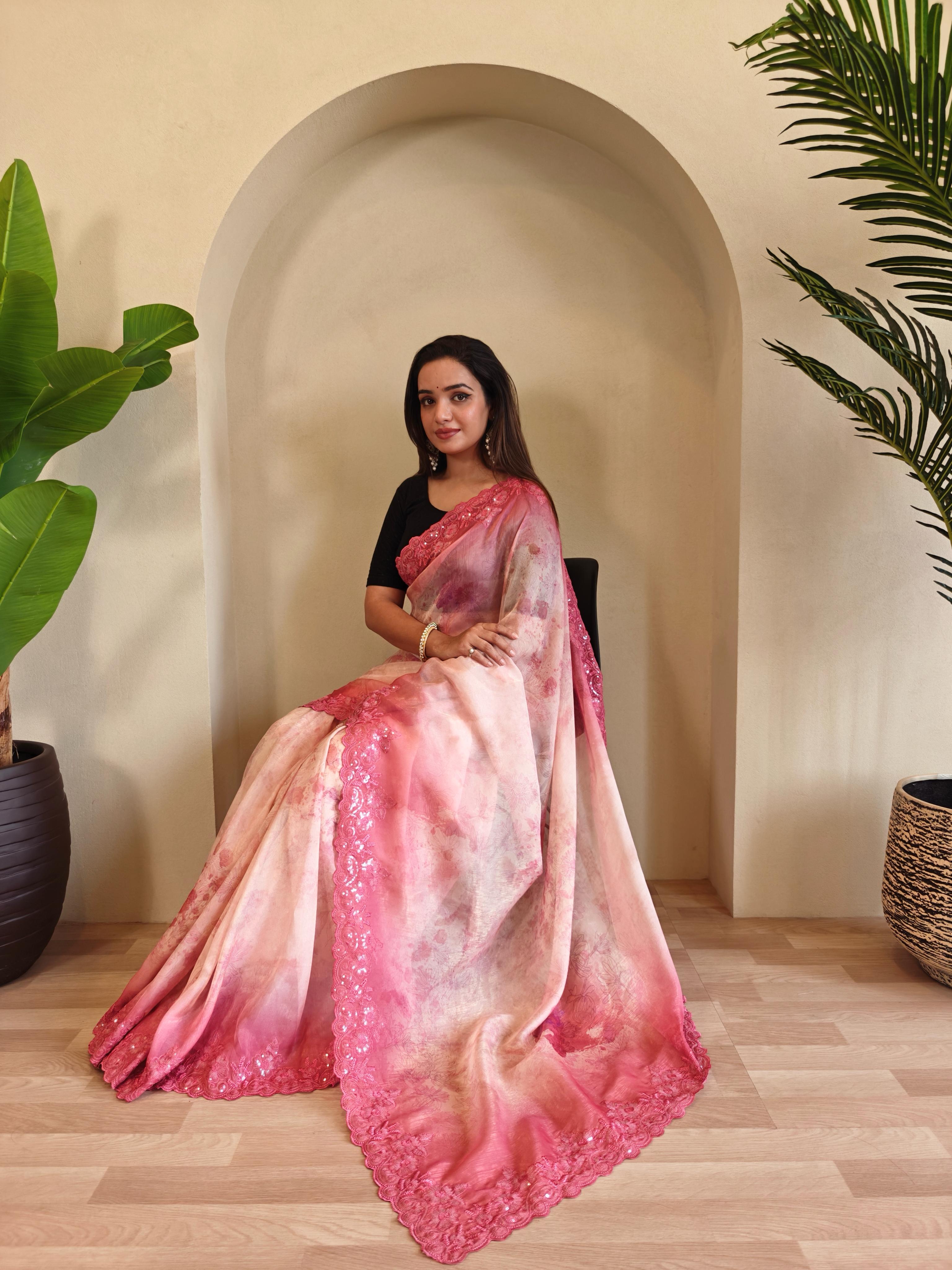 New Designer Hand Crafted Magicgold  Digital Print And Viscose - Sequins Embroideried  Organza Saree With Negative Printed Unstiched Blouse piece - Pink