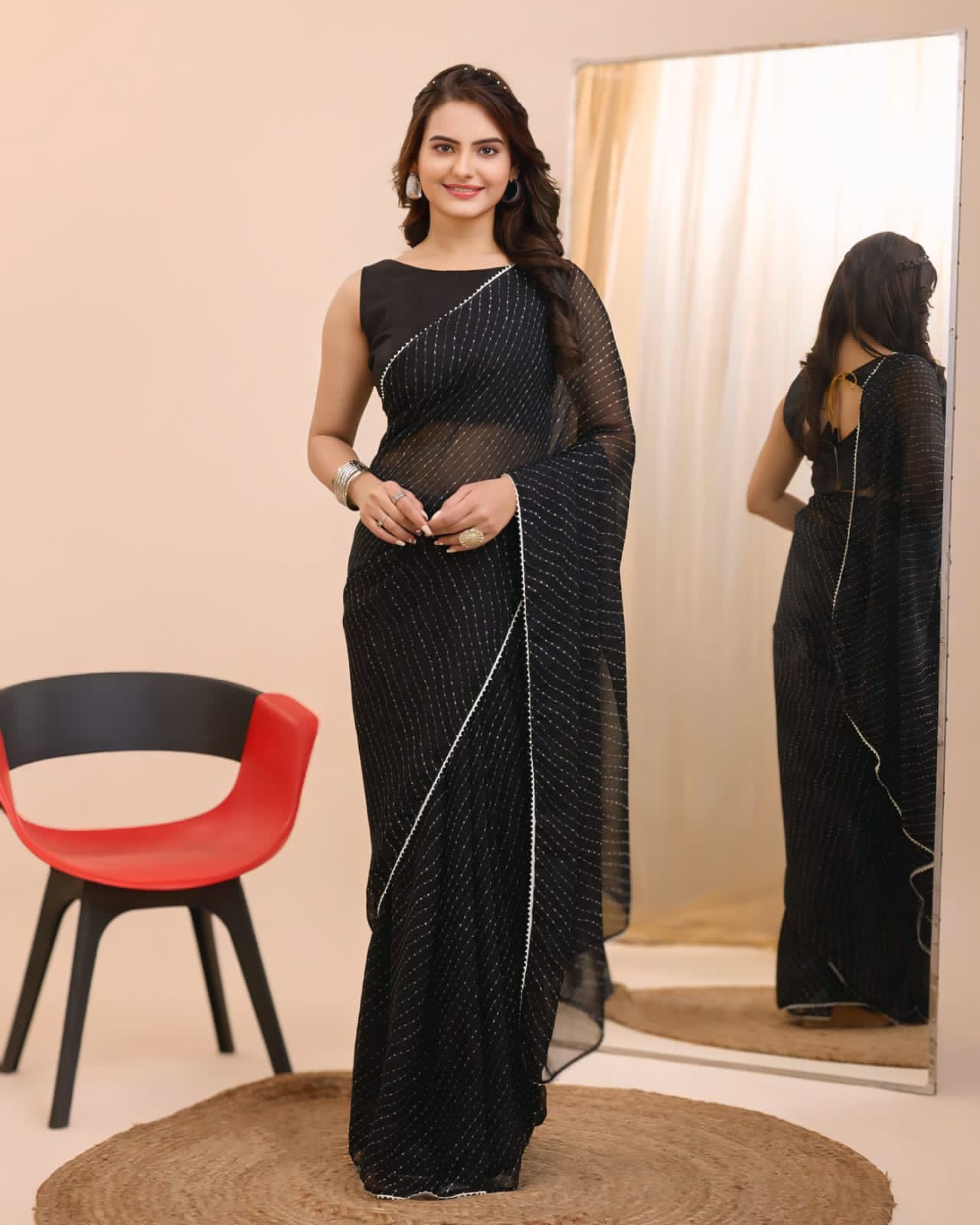New One Minute Ready To Wear Black Colour Laheriya Bandhani Design Pure Soft Georgette Saree With Black Unstitched Blouse