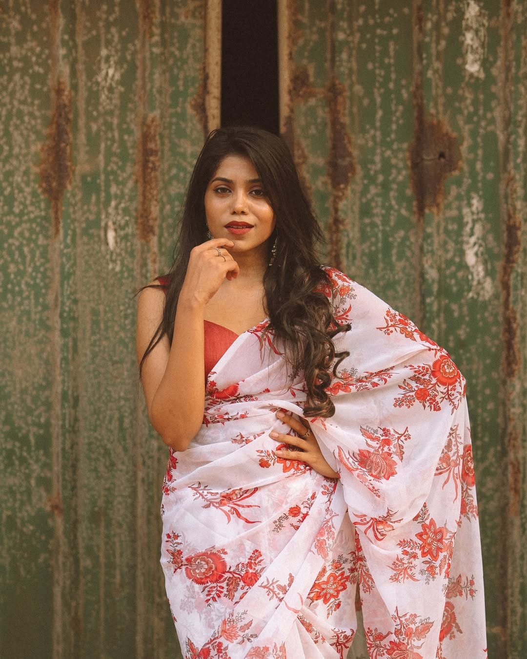 New One Minute Ready To Wear Pure Soft Georgette Silk Flower Designed White Saree With Same Model  Unstiched Blouse Piece