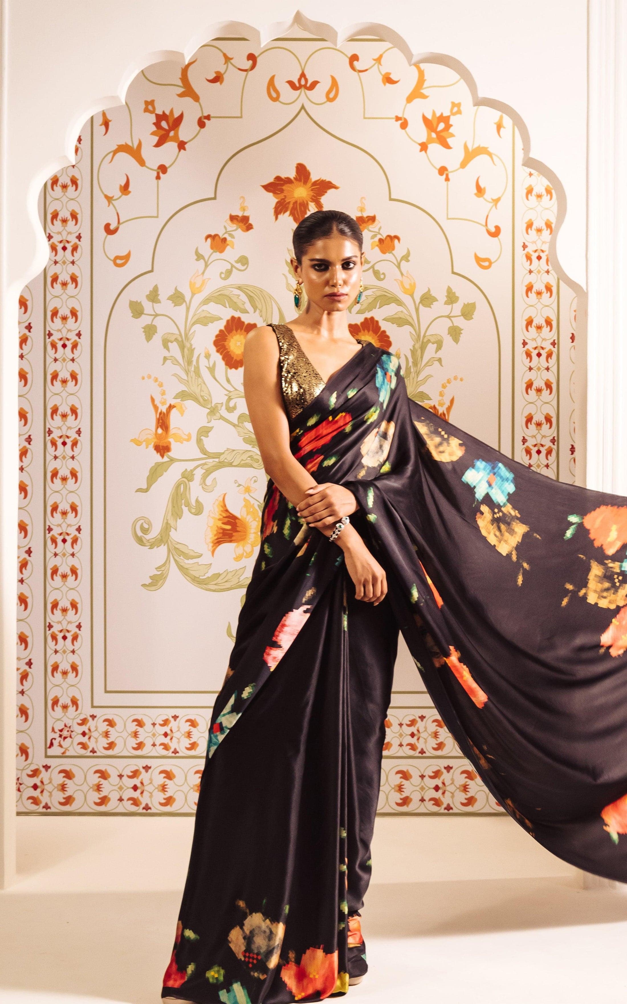 New Premium Japan Satin Designer Black Saree With Unstiched Blouse