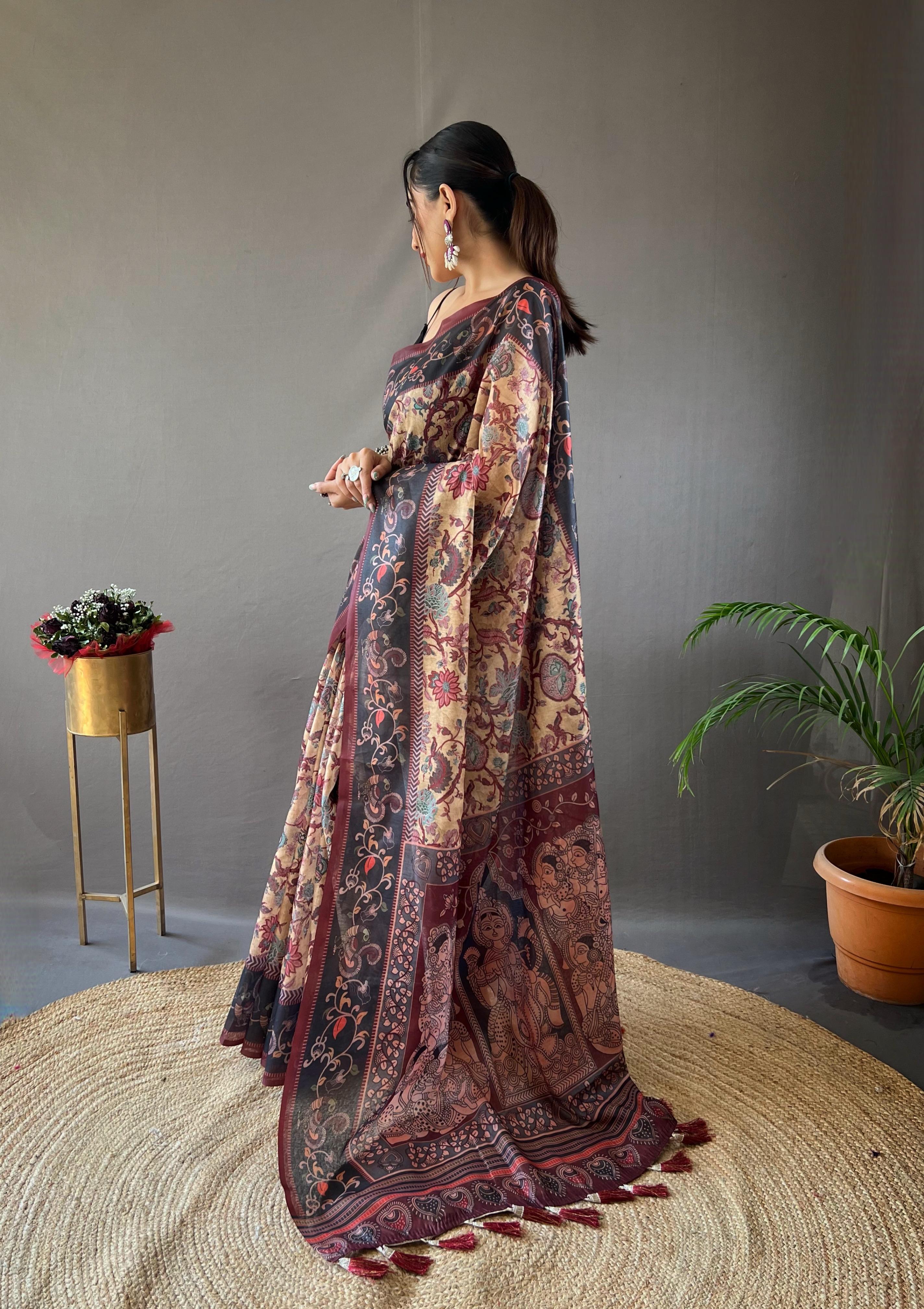 New Designer Soft Cotton Saree With Hand Picked Kalamkari Prints With Contrast Unstiched Blouse Piece - Yellow