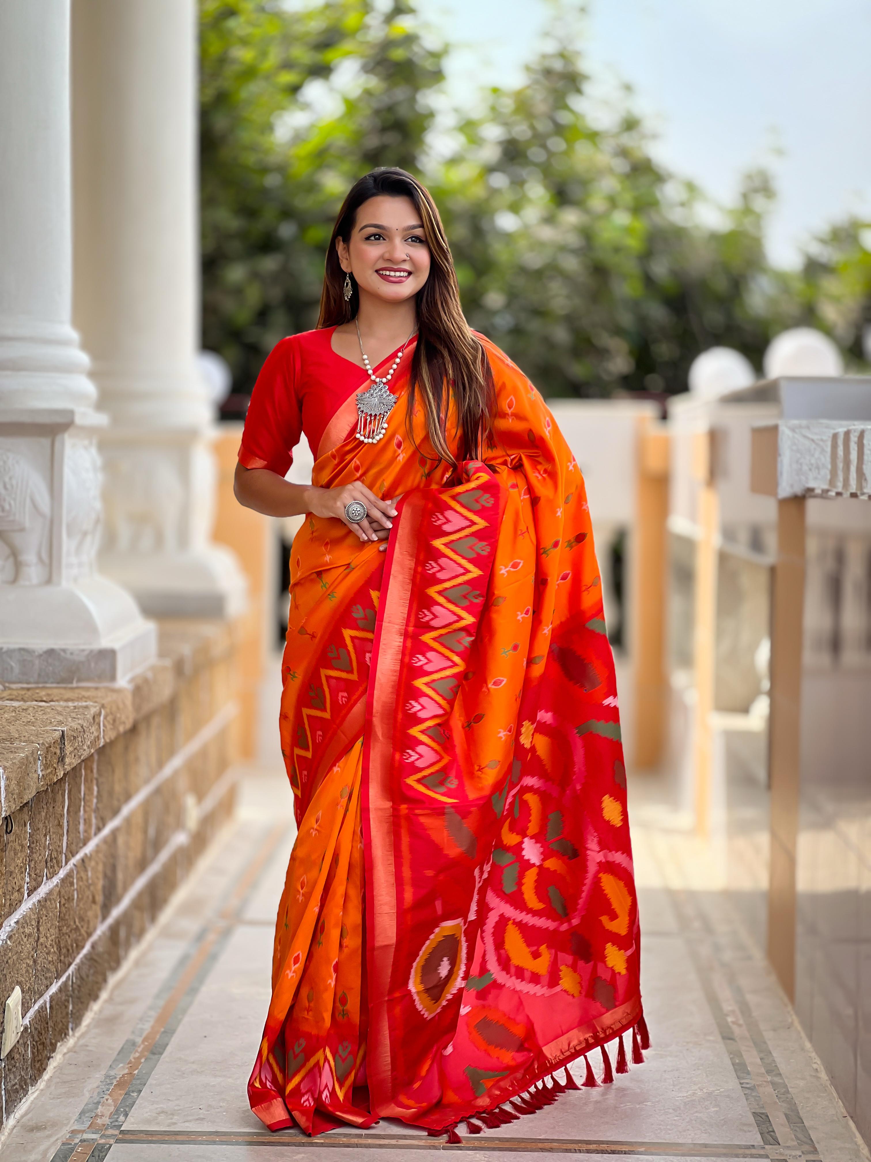 New Designer Ikkat And Patola Weaving Concept Orange Silk Saree With Contrast Rich Pallu And Unstiched Blouse Piece