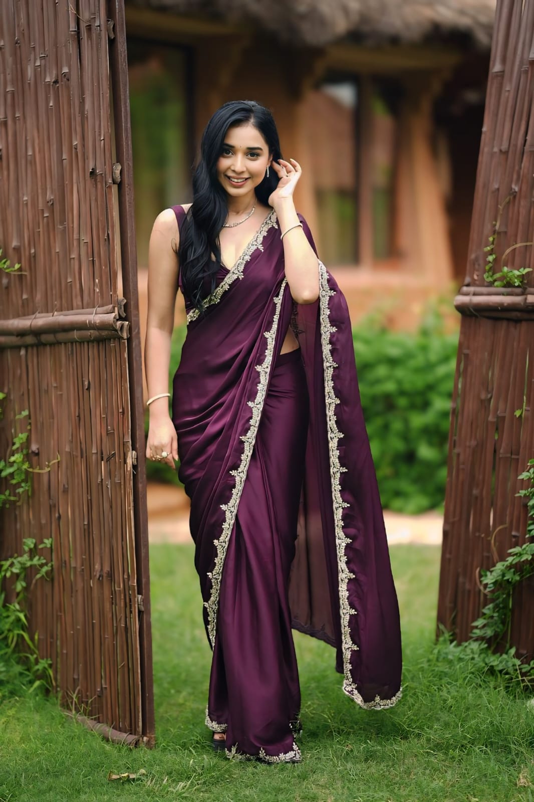 One Minute Ready To Wear Mystical Grape Enchanted Purple Saree with Stitch Blouse